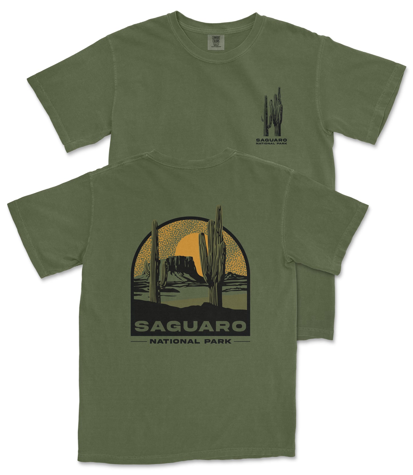 A green t-shirt with a graphic design depicting a desert landscape with cacti and mountains, along with the text "Saguaro National Park".