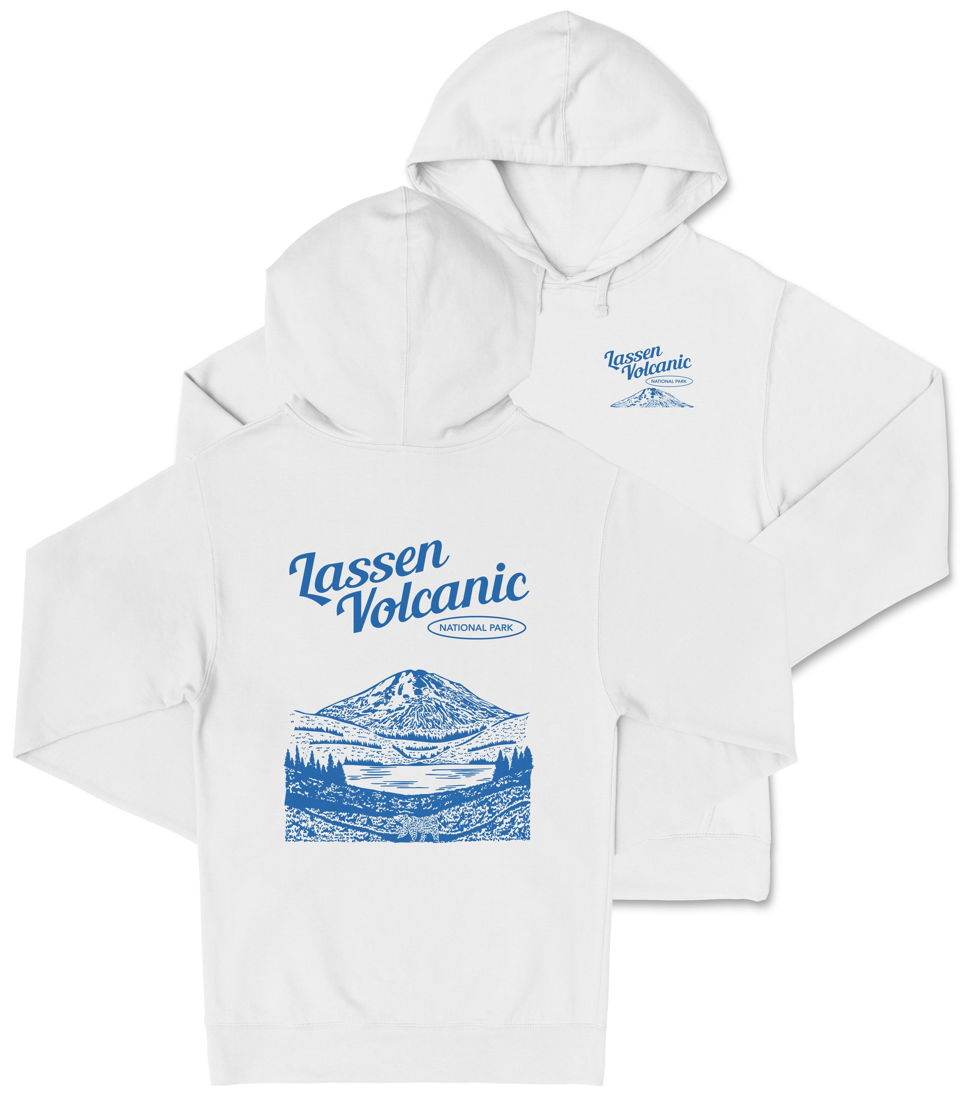 A white hooded sweatshirt with a graphic design depicting a mountain and a lake.