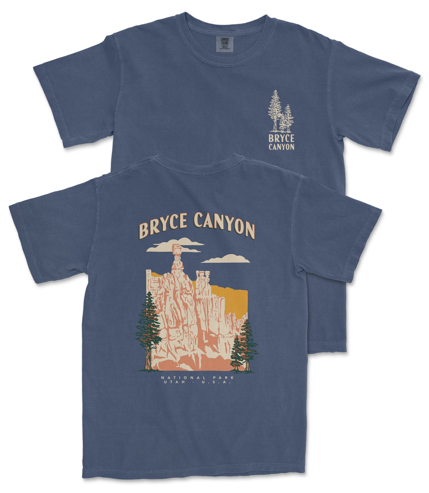 A blue t-shirt with a graphic design depicting Bryce Canyon National Park, featuring a mountain landscape with a prominent rock formation and trees.