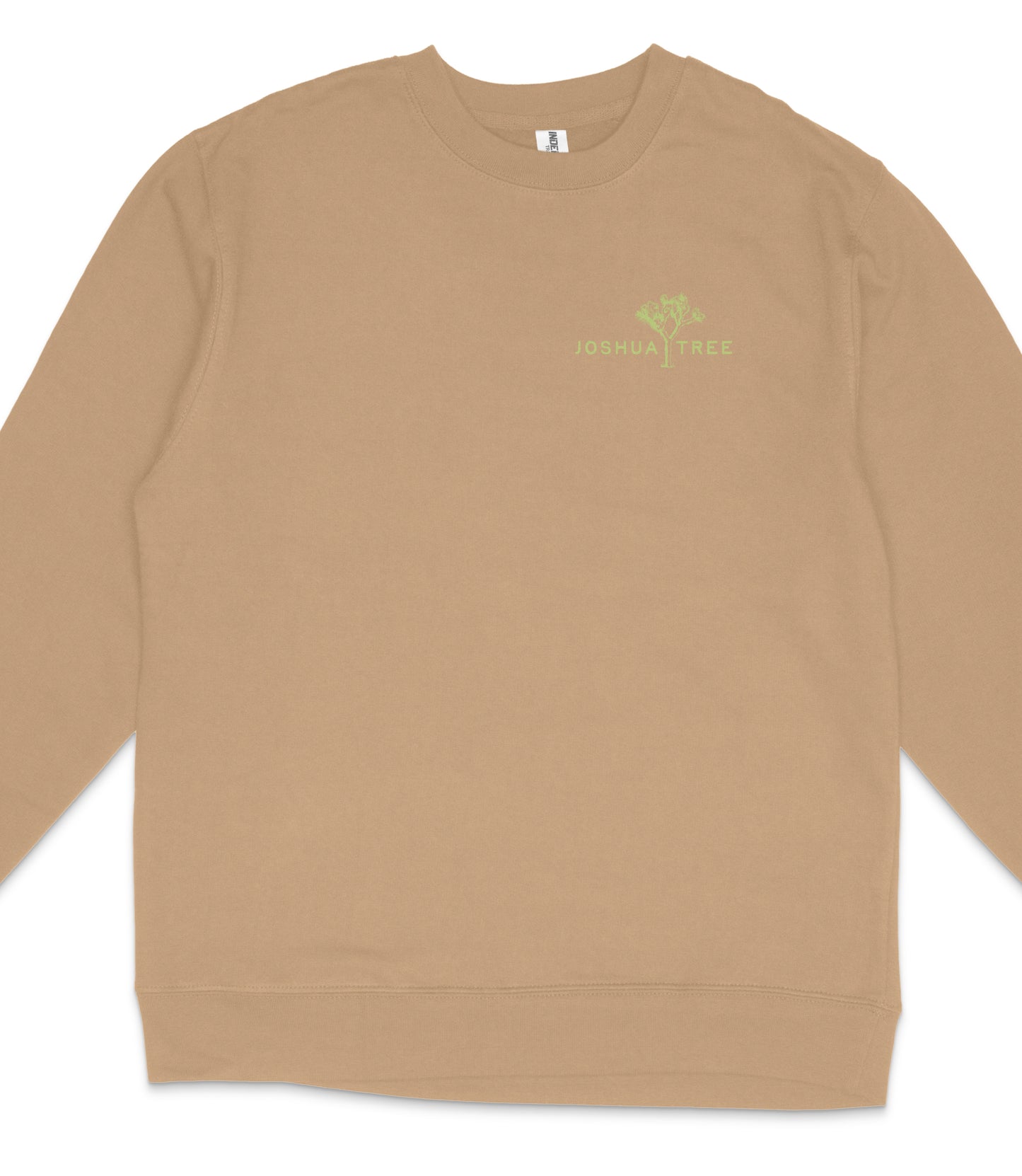A beige long-sleeved shirt with a green tree logo on the left side.