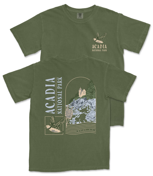 A green t-shirt with a graphic design depicting a scenic landscape with a castle, mountains, and a bird in flight. The text on the t-shirt reads "ACADIA NATIONAL PARK" and "MAINE, USA".