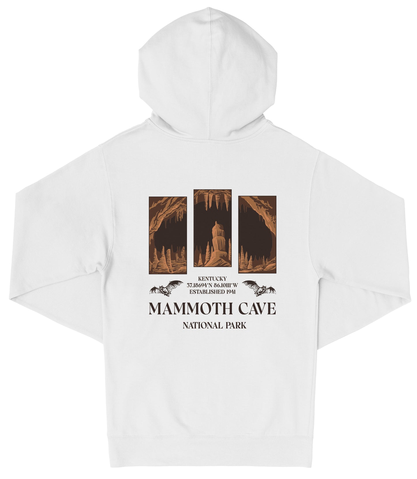 A white hooded sweatshirt with a graphic design featuring images of the Mammoth Cave National Park in Kentucky.