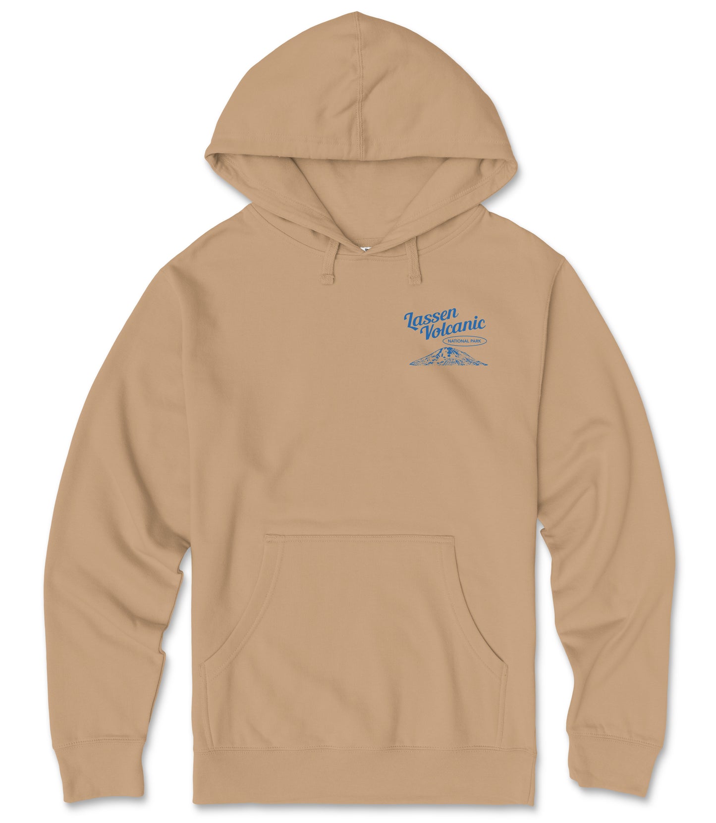 A beige hooded sweatshirt with a blue logo on the front.
