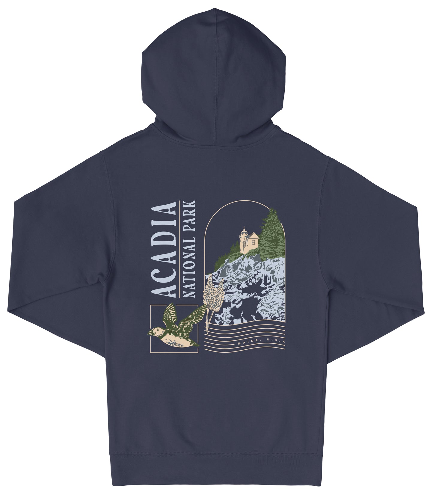 A navy blue hooded sweatshirt with a graphic design featuring a mountain landscape, a bird, and text that reads "ACADIA NATIONAL PARK".