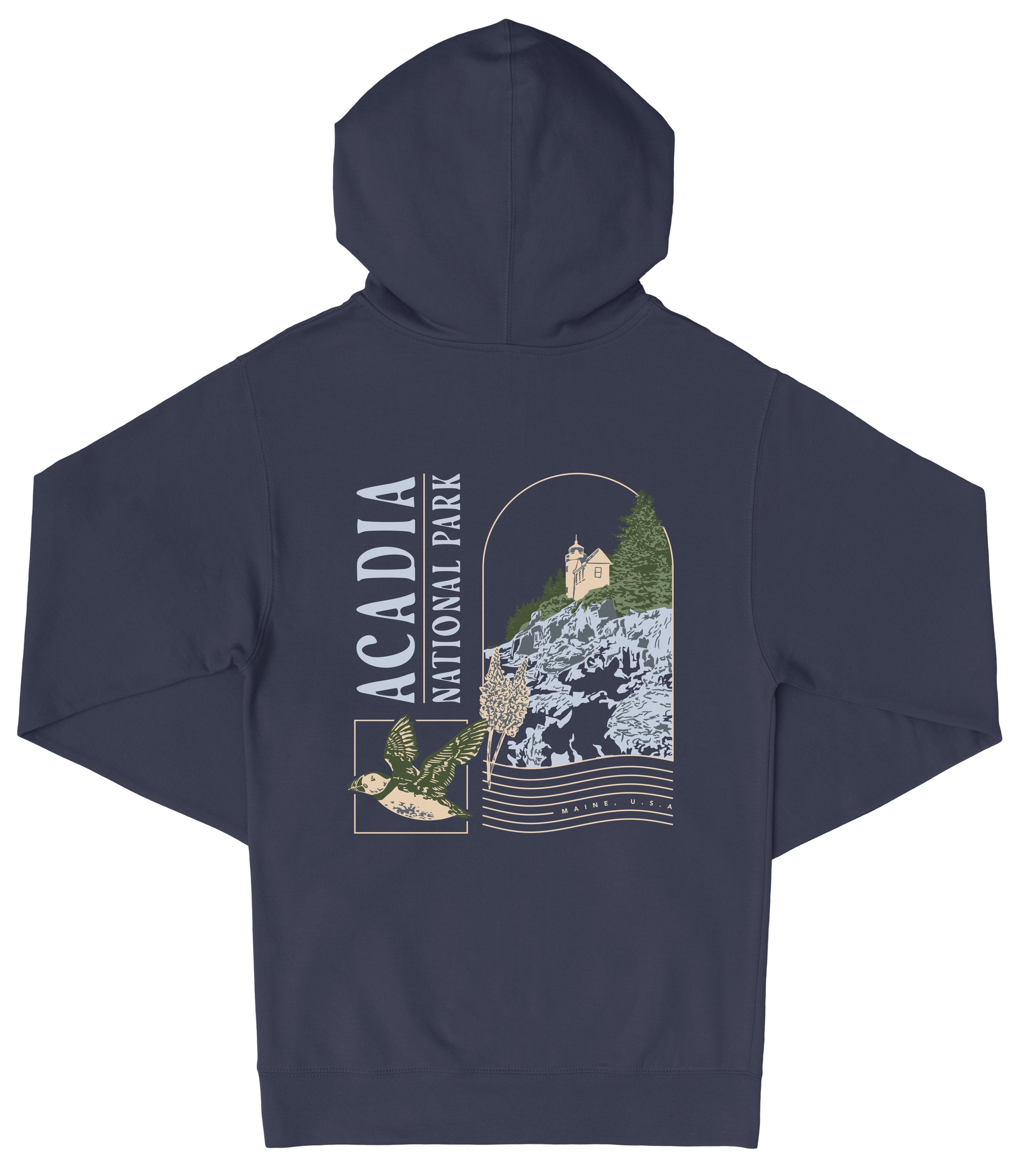 A navy blue hooded sweatshirt with a graphic design featuring a mountain landscape, a bird, and text that reads "ACADIA NATIONAL PARK".