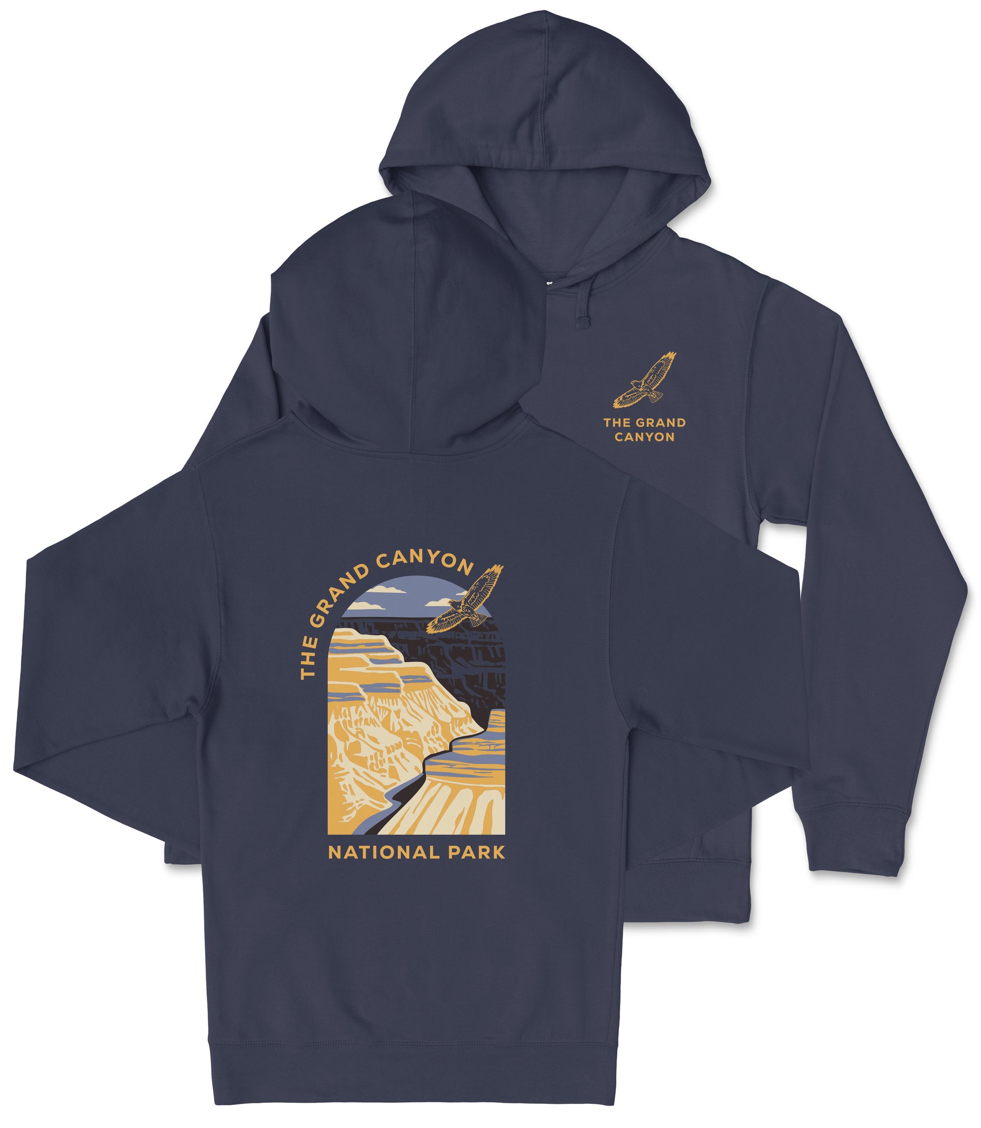 A navy blue hooded sweatshirt with a graphic design depicting the Grand Canyon National Park.