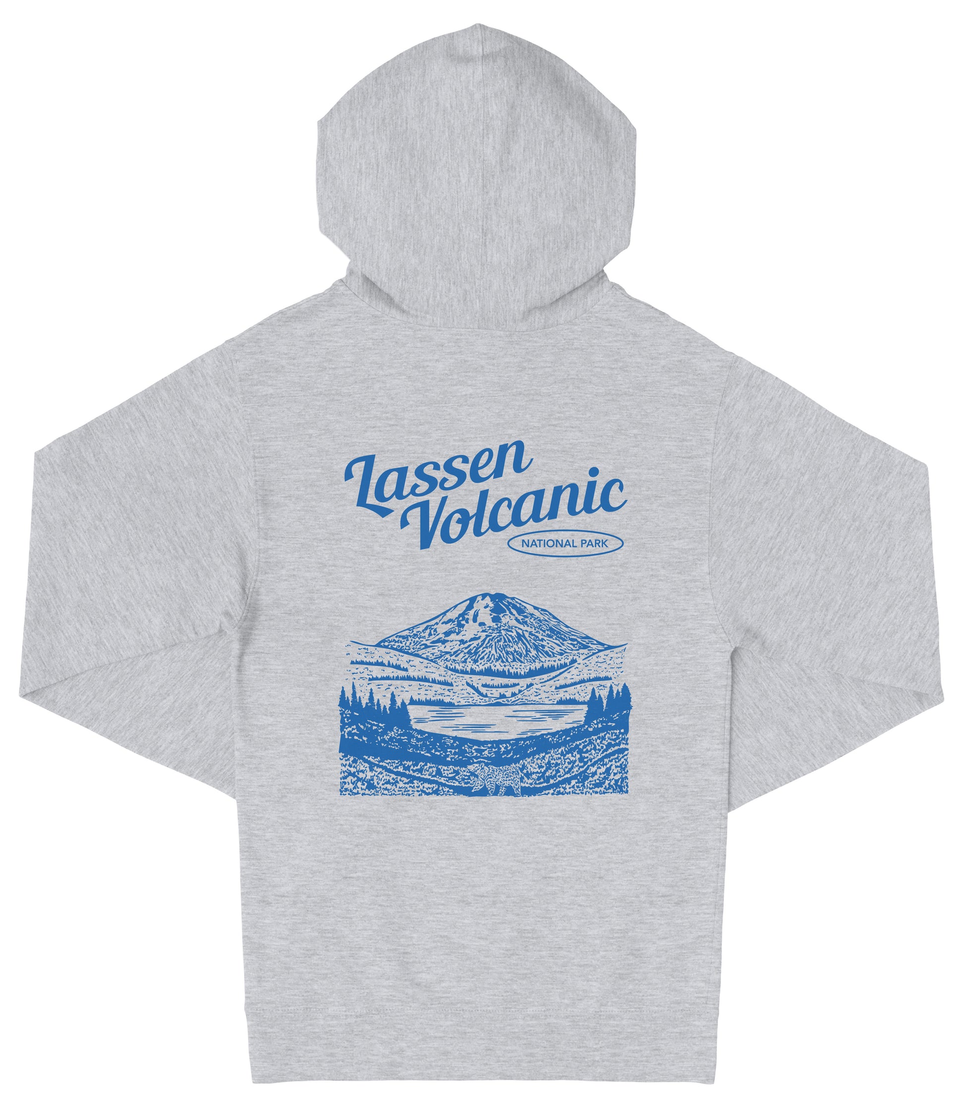 A gray hooded sweatshirt with a graphic design depicting a mountain landscape and a lake.