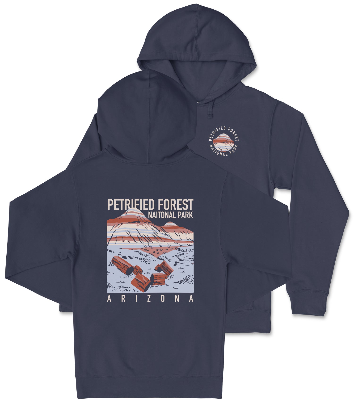 A navy blue hooded sweatshirt with a graphic design depicting a scenic landscape, including mountains and a river, along with text that reads "PETRIFIED FOREST NATIONAL PARK ARIZONA".