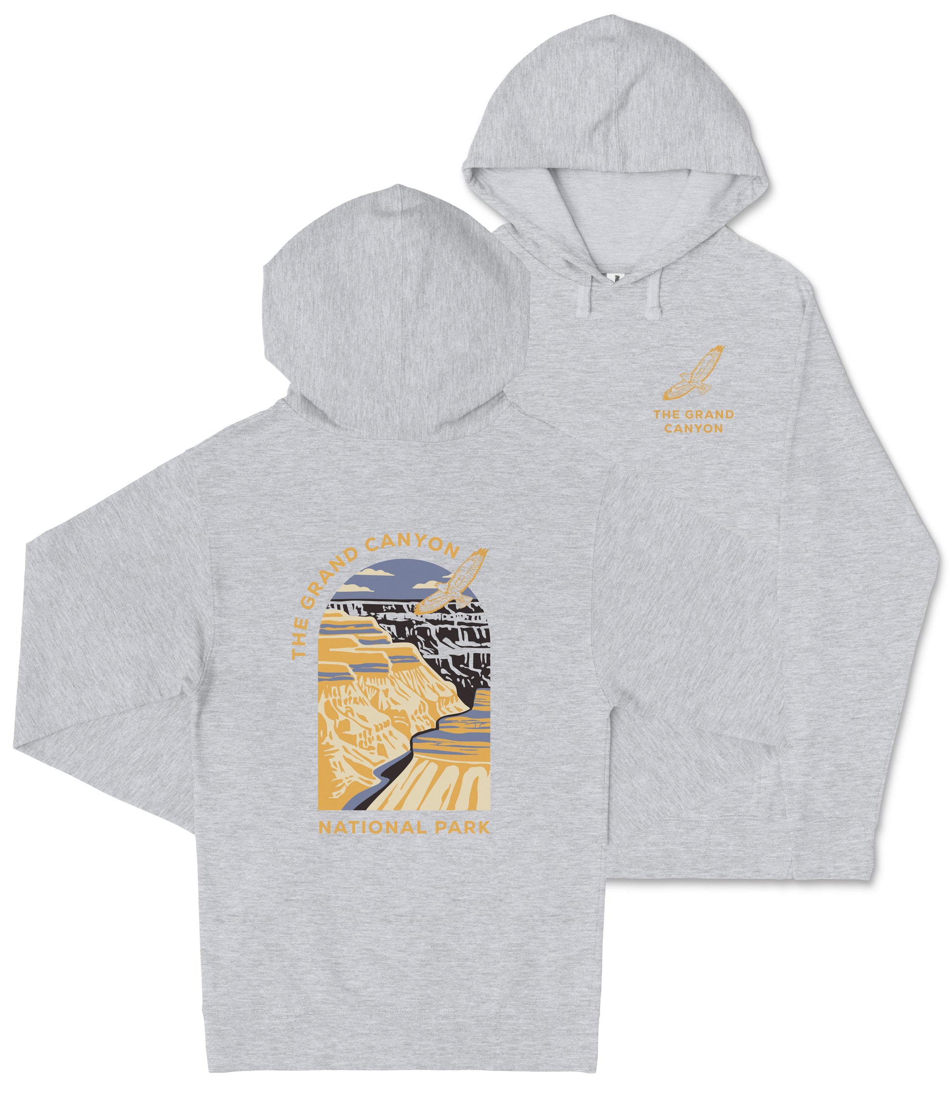 A grey hooded sweatshirt with a graphic design depicting the Grand Canyon and the text "The Grand Canyon National Park" printed on it.