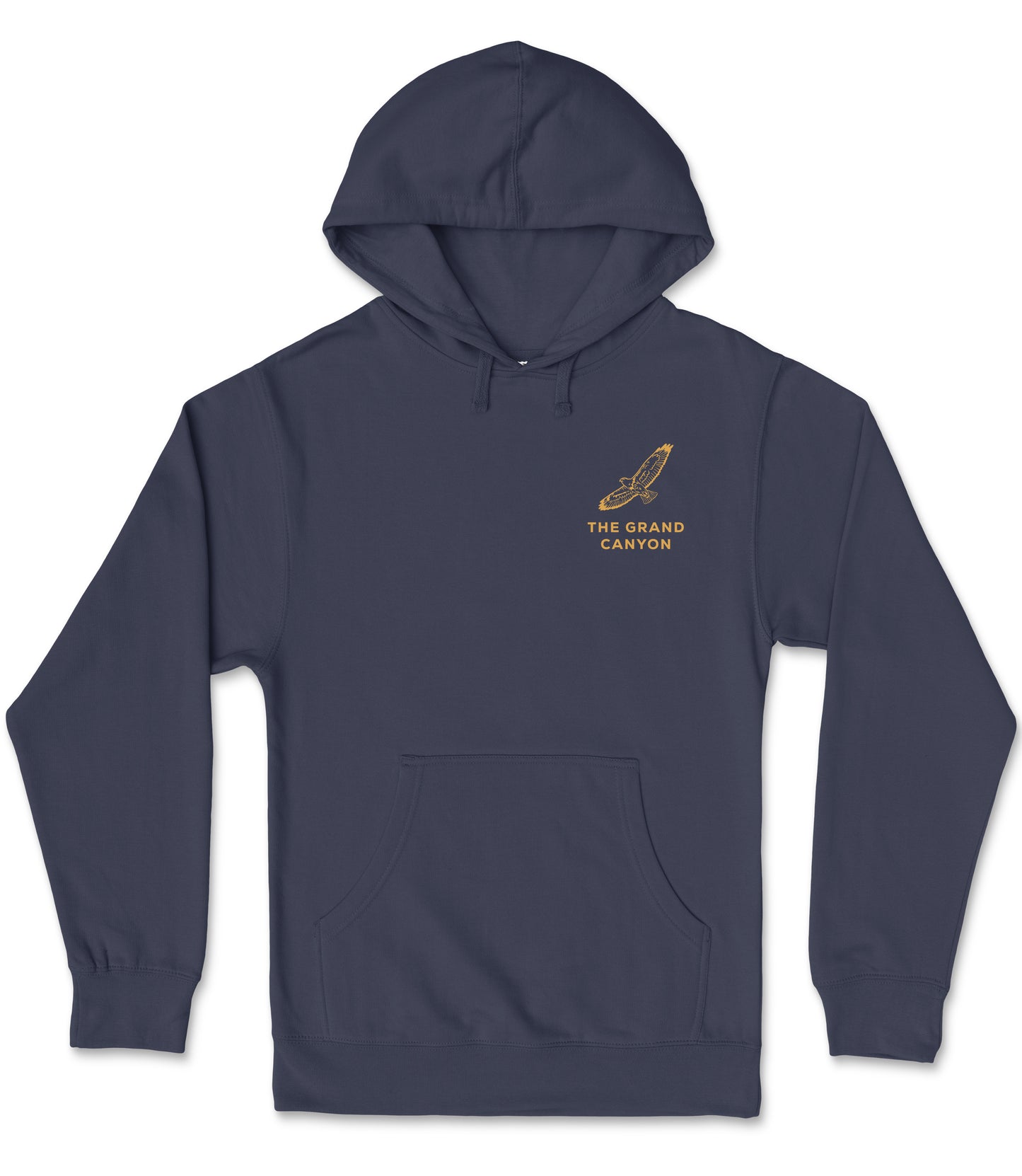 A navy blue hooded sweatshirt with a graphic design on the left side.