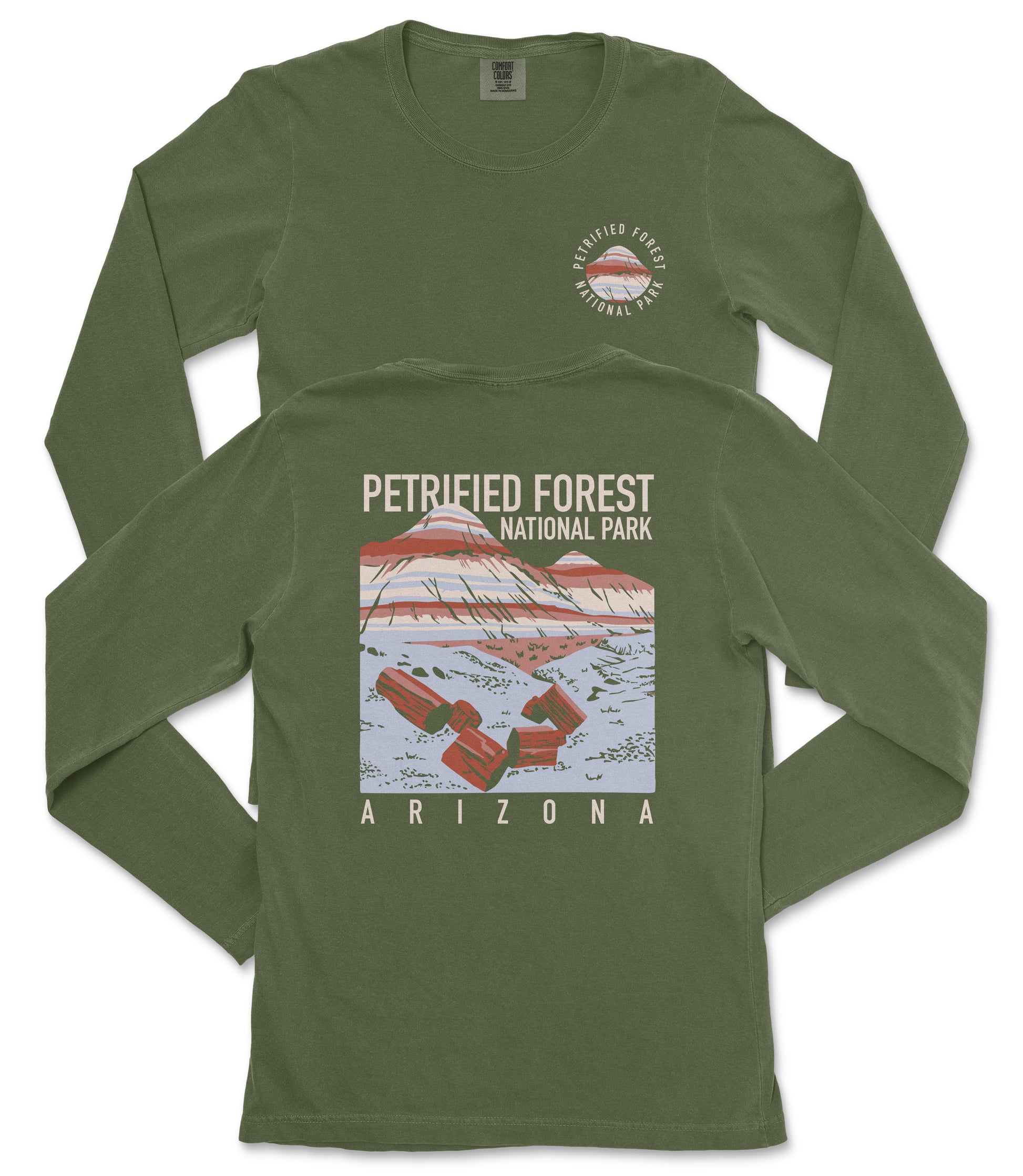 A green long-sleeved t-shirt with a graphic design depicting a mountain and text that says "Petrified Forest National Park Arizona".