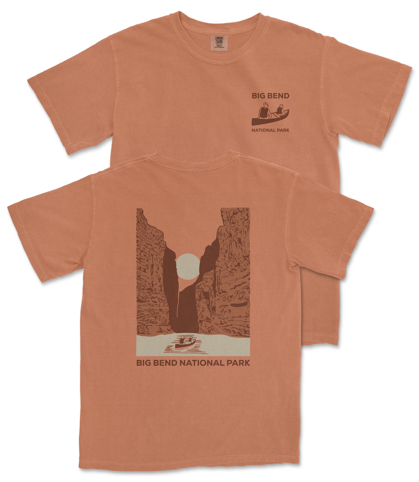 a t-shirt with a graphic design depicting a canyon landscape with a boat on a river. The text on the t-shirt reads "BIG BEND NATIONAL PARK" and "BIG BEND".