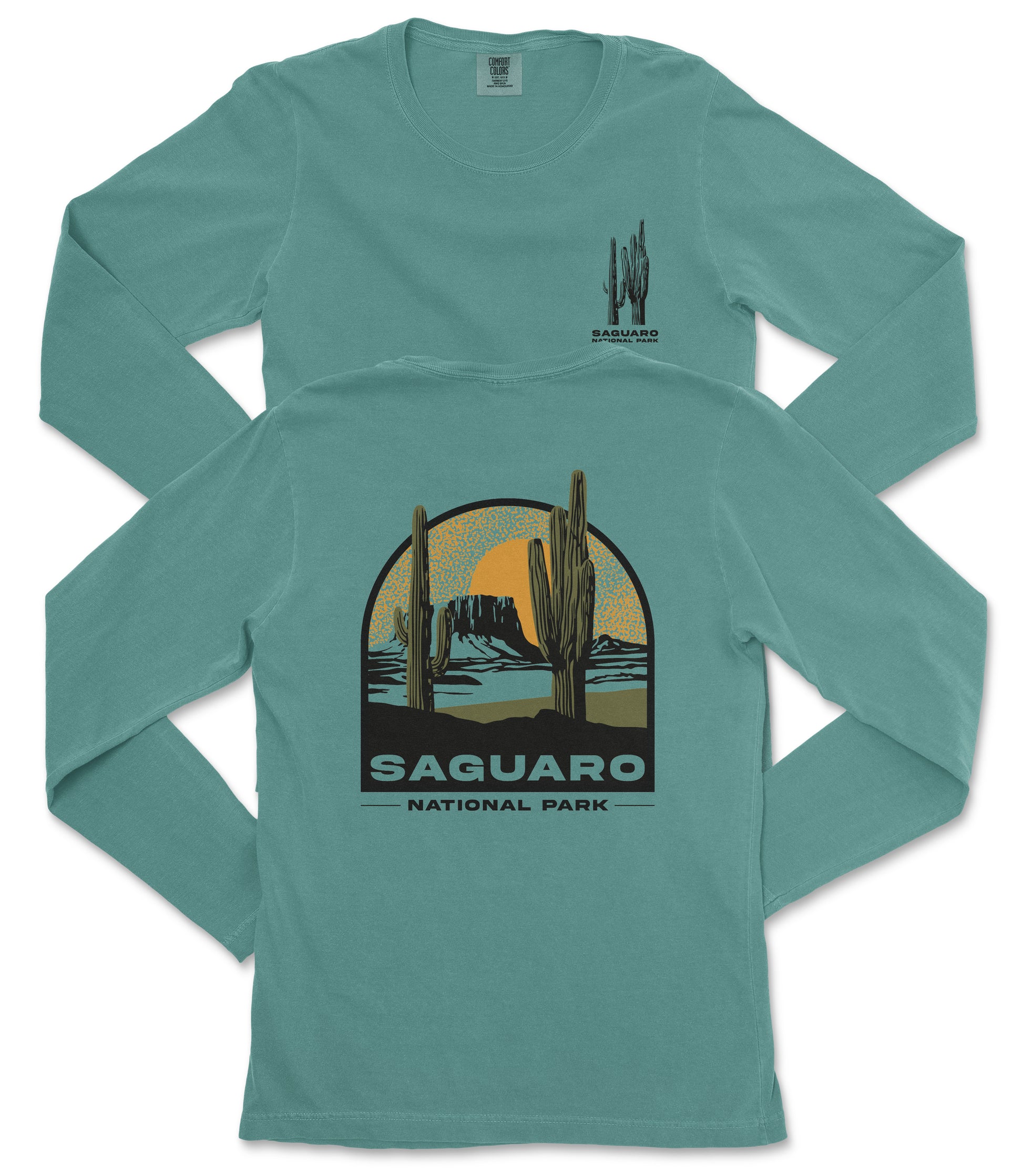 A turquoise long-sleeve t-shirt with a graphic design depicting a desert landscape with a cactus and mountains, along with the text "Saguaro National Park".