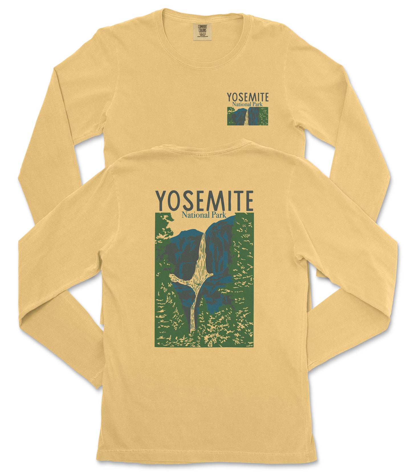 a yellow long-sleeved t-shirt with a graphic design depicting a mountain range and the text "Yosemite National Park" printed on it.
