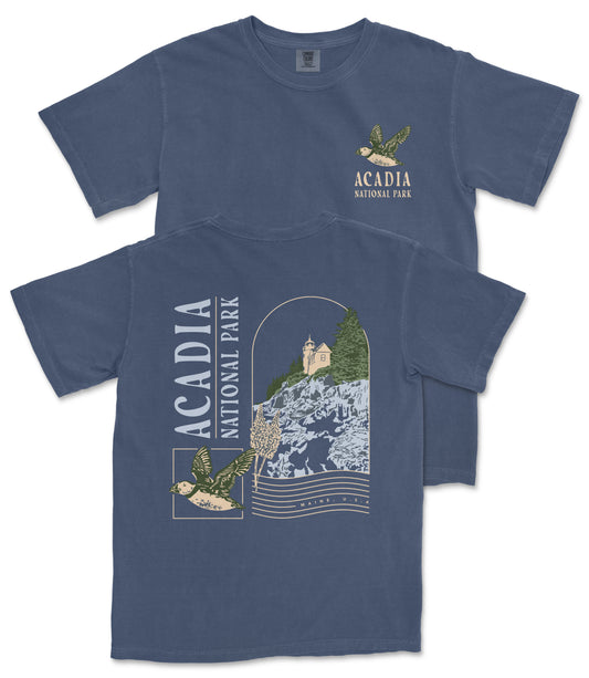 A blue t-shirt with a graphic design depicting a bird flying over a mountainous landscape, along with text that reads "ACADIA NATIONAL PARK".