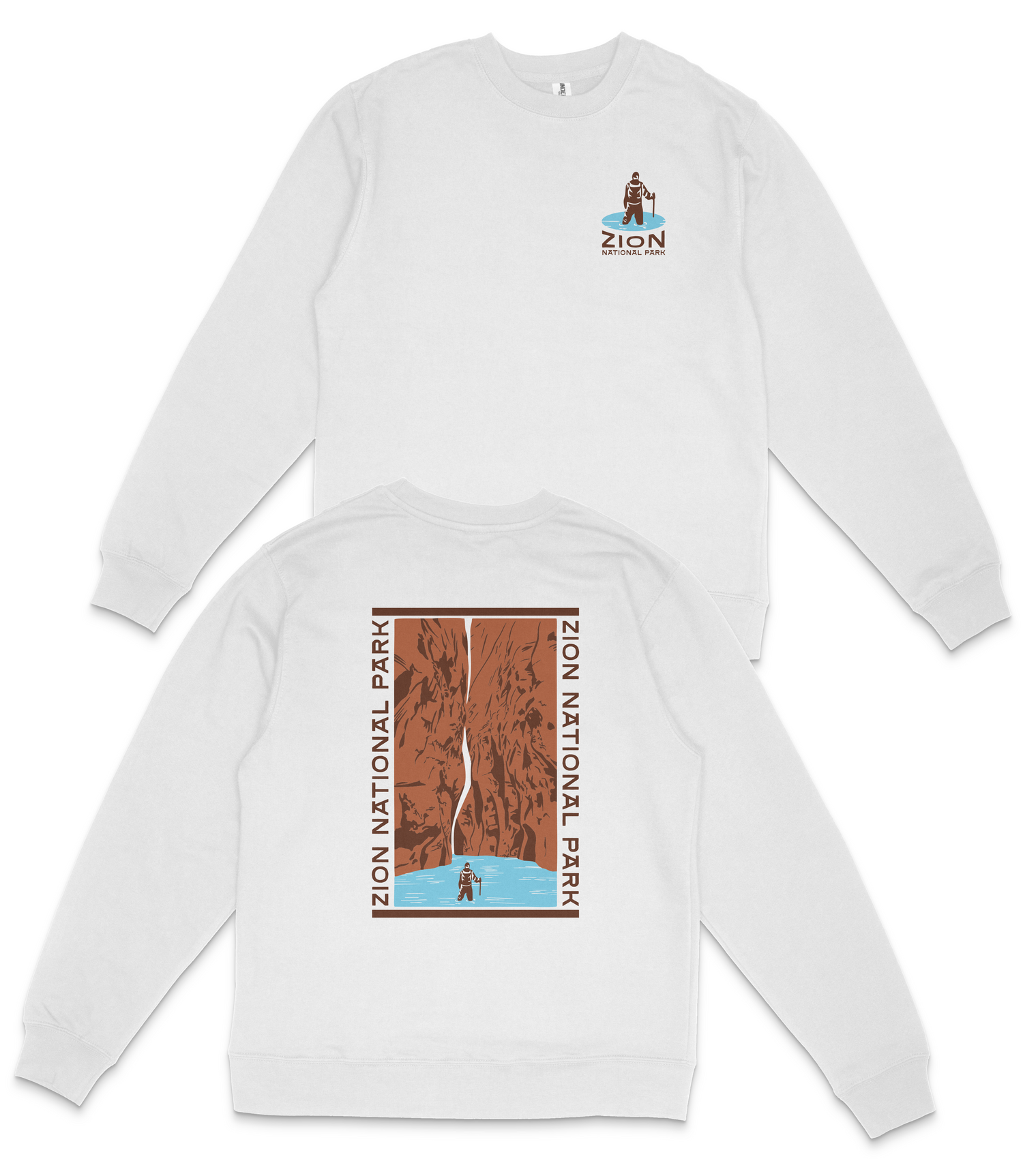 A white long-sleeved shirt with a graphic design on the back, depicting a person standing in front of a canyon or waterfall.