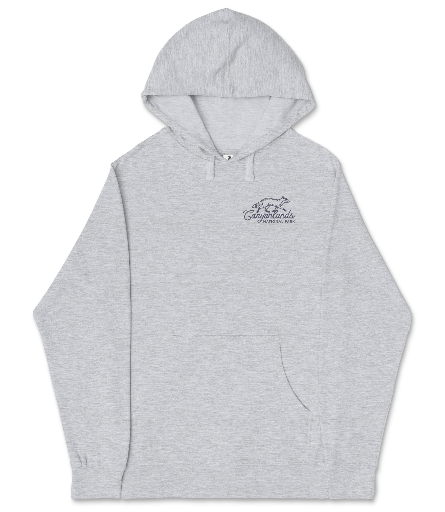 A gray hooded sweatshirt with a logo on the left side.