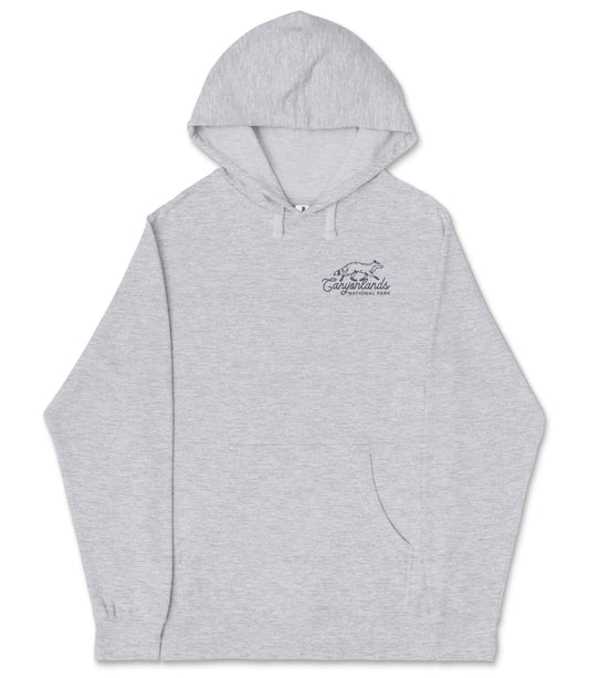A gray hooded sweatshirt with a logo on the left side.