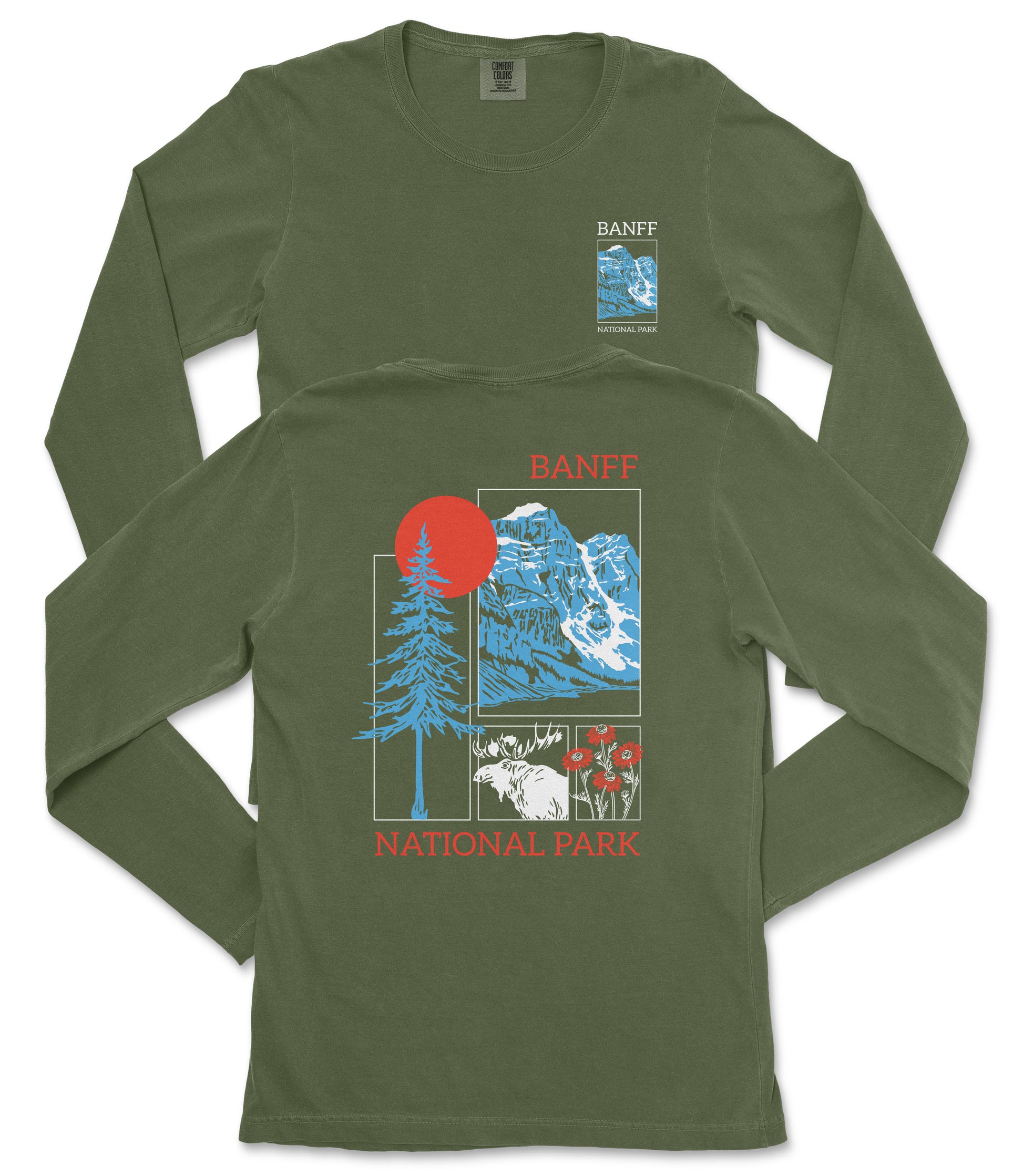 a green long-sleeved t-shirt with a graphic design featuring a mountain range, a tree, and a sun. The text on the t-shirt reads "BANFF NATIONAL PARK".