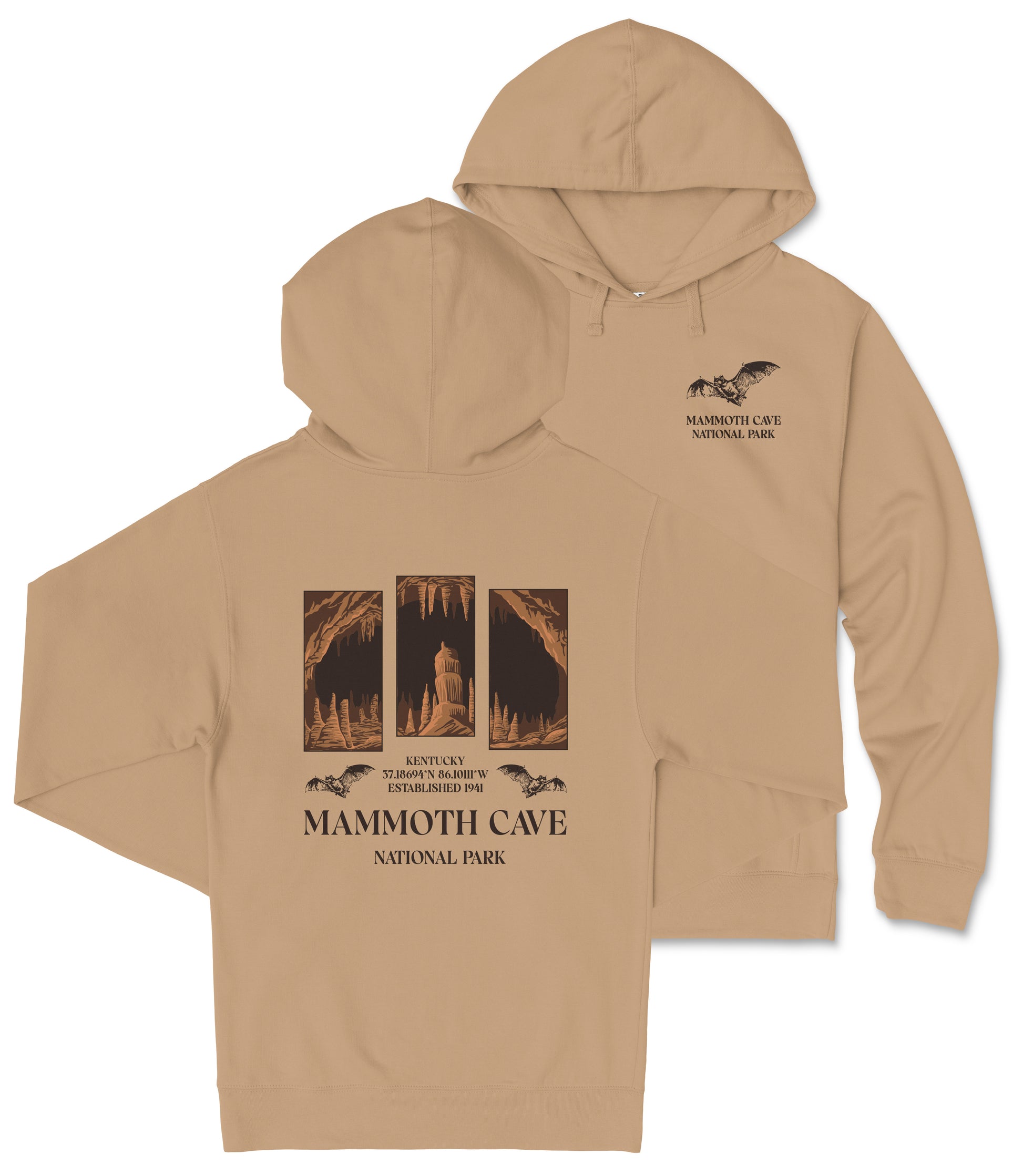 A beige hooded sweatshirt with a graphic design featuring images of the Mammoth Cave National Park in Kentucky.