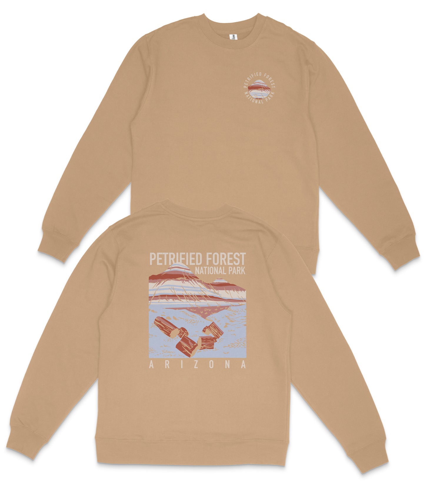 a tan sweatshirt with a graphic design on the back, depicting a desert landscape with a mountain and a satellite.