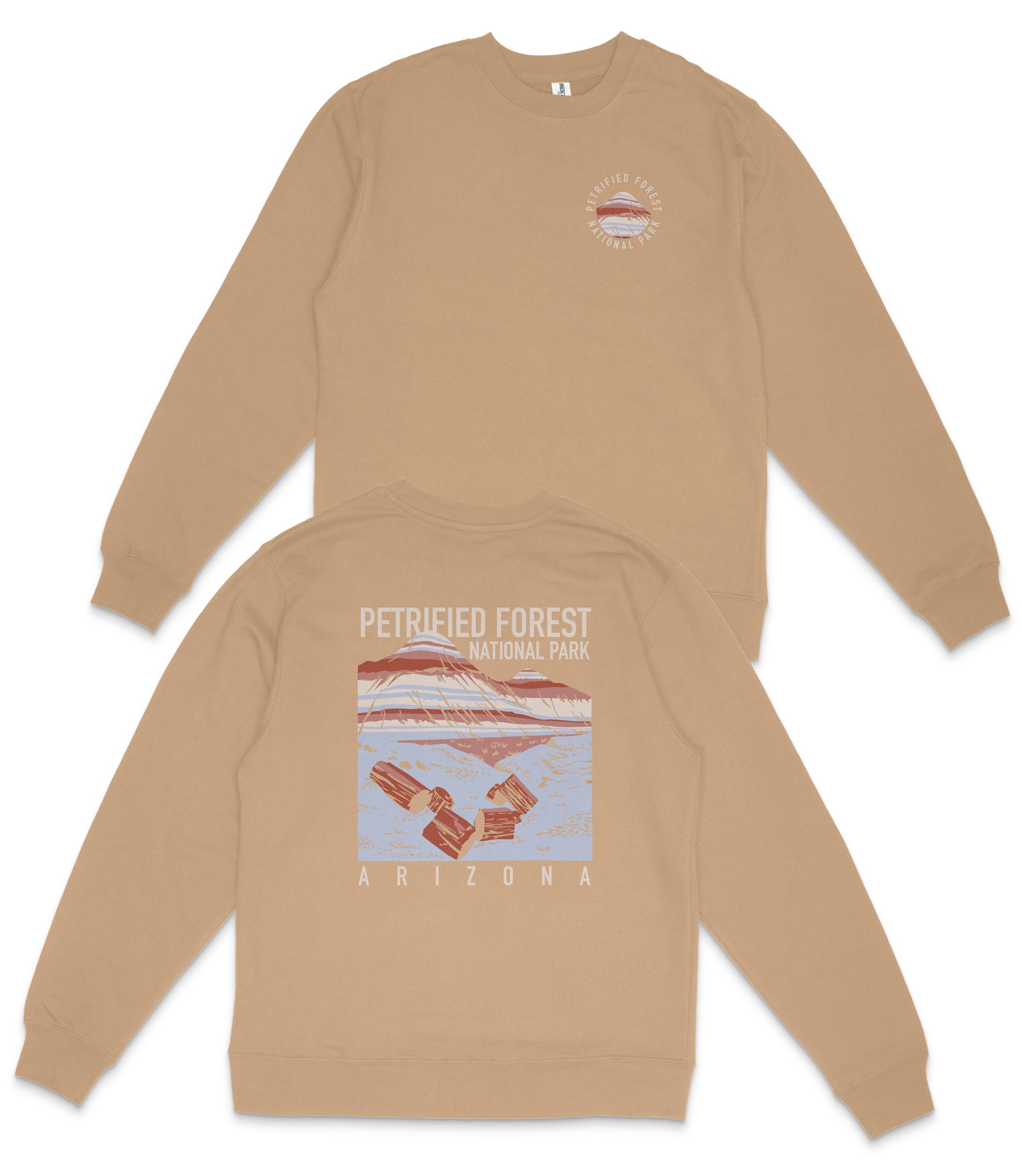 a tan sweatshirt with a graphic design on the back, depicting a desert landscape with a mountain and a satellite.