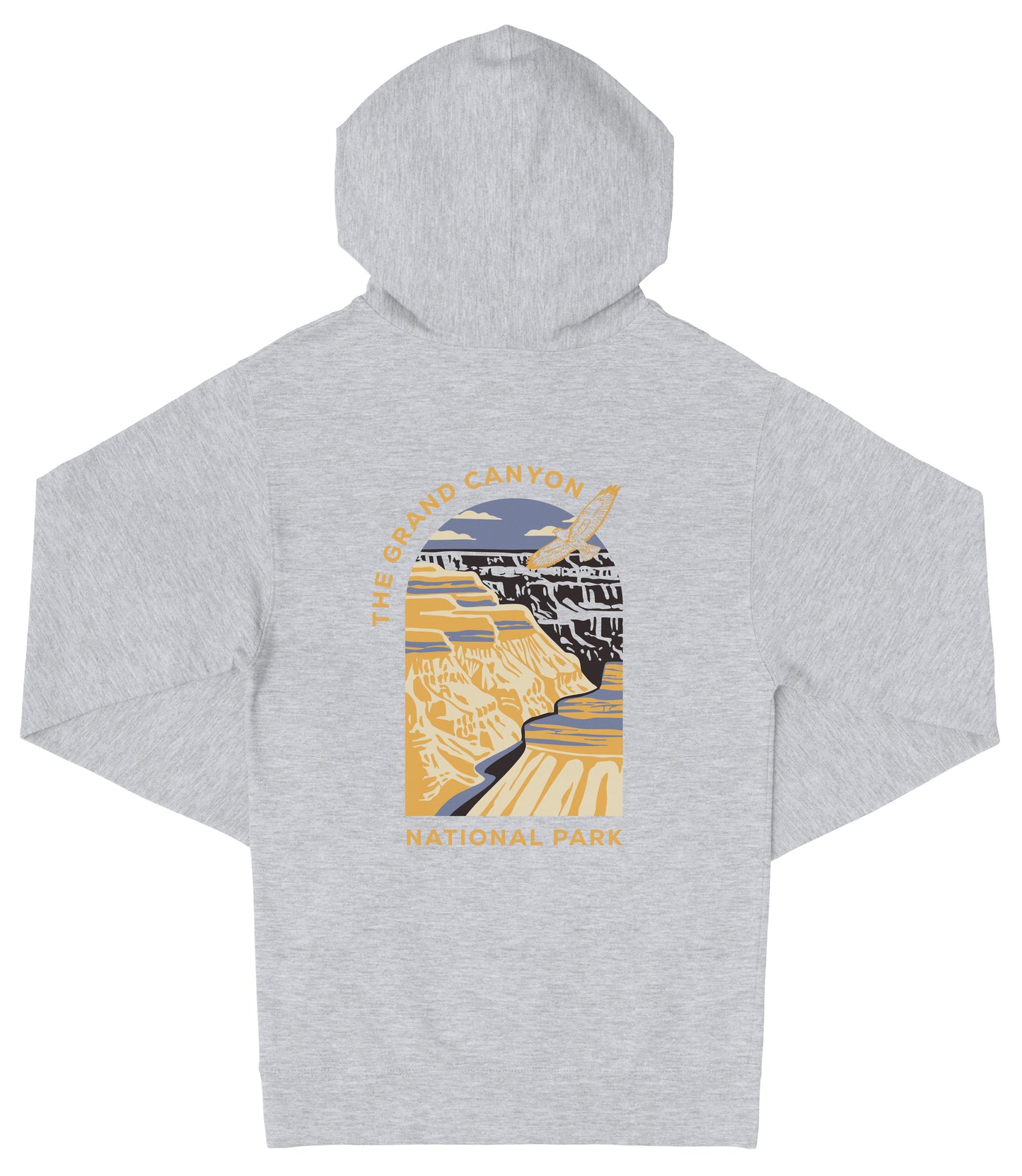 A grey hooded sweatshirt with a graphic design depicting the Grand Canyon and the text "The Grand Canyon National Park" printed on it.