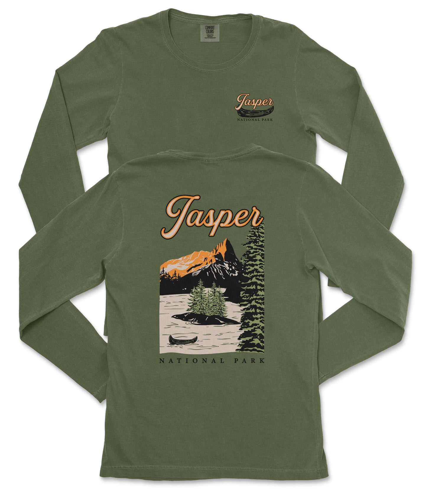 A green long-sleeved t-shirt with a graphic design depicting a mountain landscape and a canoe, along with the text "Jasper National Park" printed on the back.
