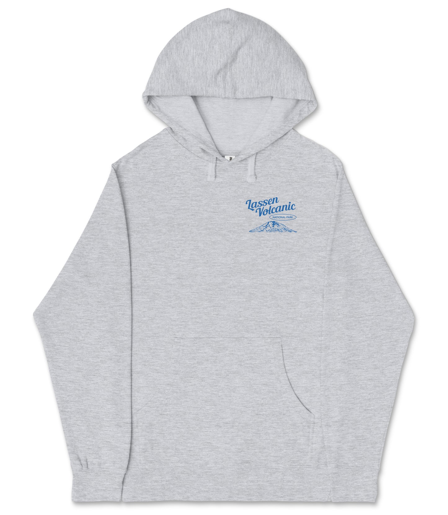 A gray hooded sweatshirt with a blue logo on the left side of the chest.