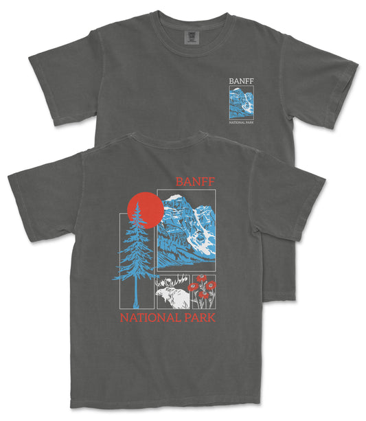 a grey t-shirt with a graphic design depicting a mountain landscape, including a sun, pine trees, and a river. The text on the t-shirt reads "BANFF NATIONAL PARK" and "BANFF".