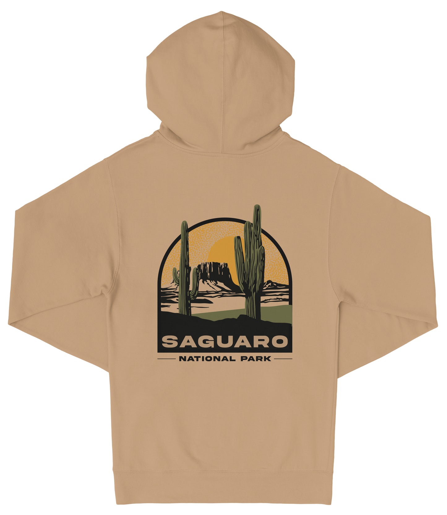 A beige hooded sweatshirt with a graphic design depicting a desert landscape with two cacti and the text "Saguaro National Park" printed on the back.