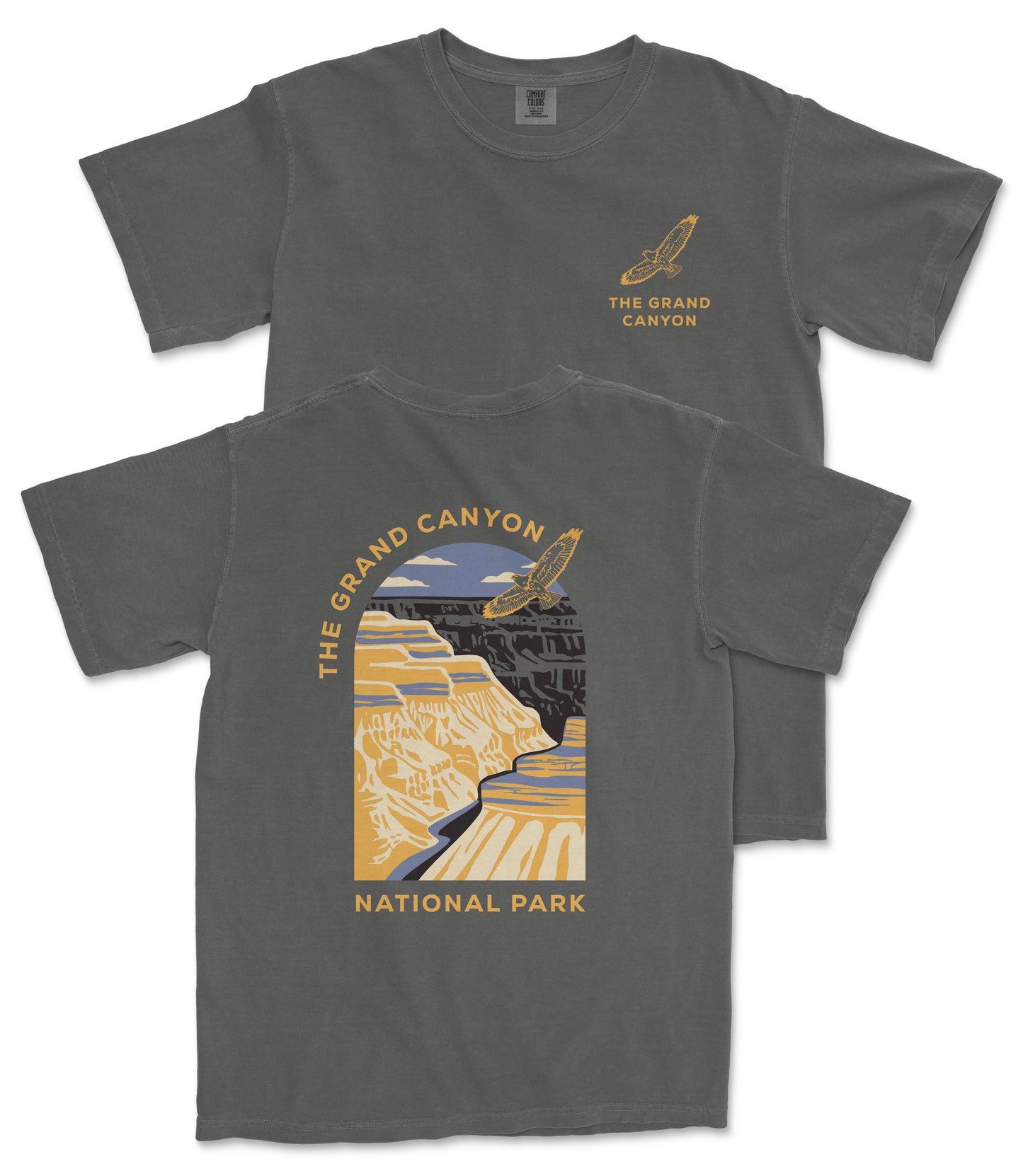 a gray t-shirt with a graphic design depicting a scenic view of the Grand Canyon National Park.