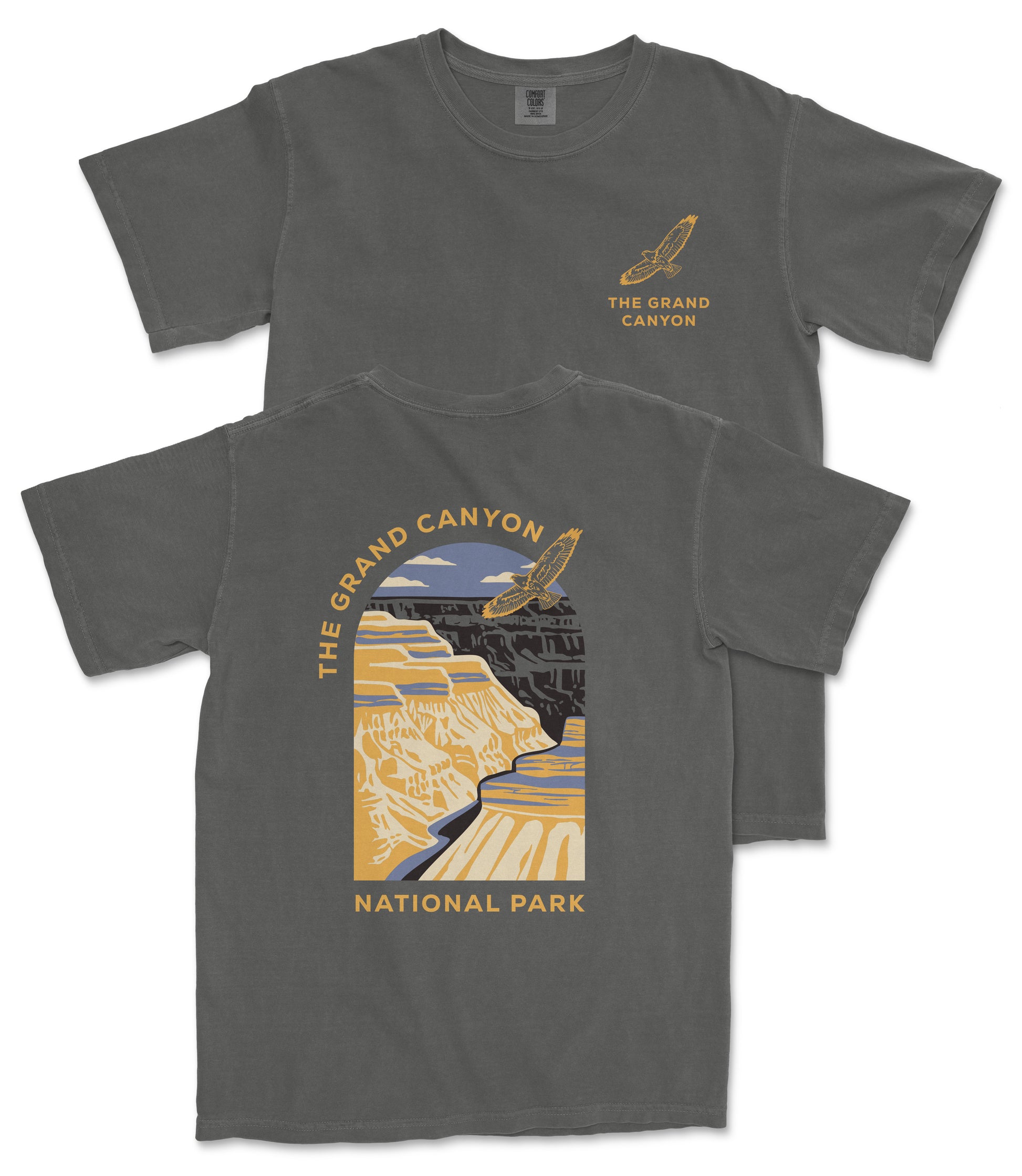 a gray t-shirt with a graphic design depicting a scenic view of the Grand Canyon National Park.