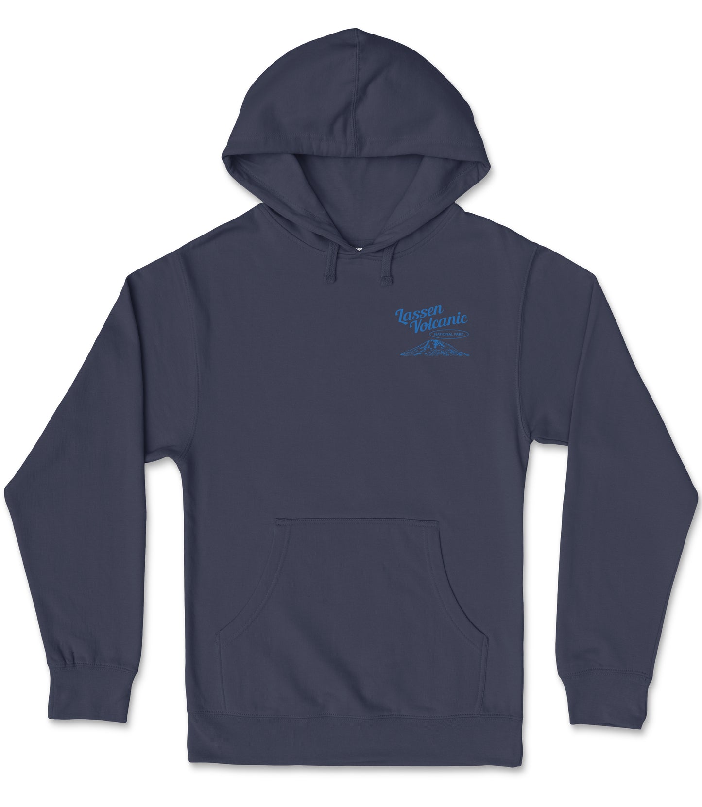 A navy blue hooded sweatshirt with a blue logo on the left side.