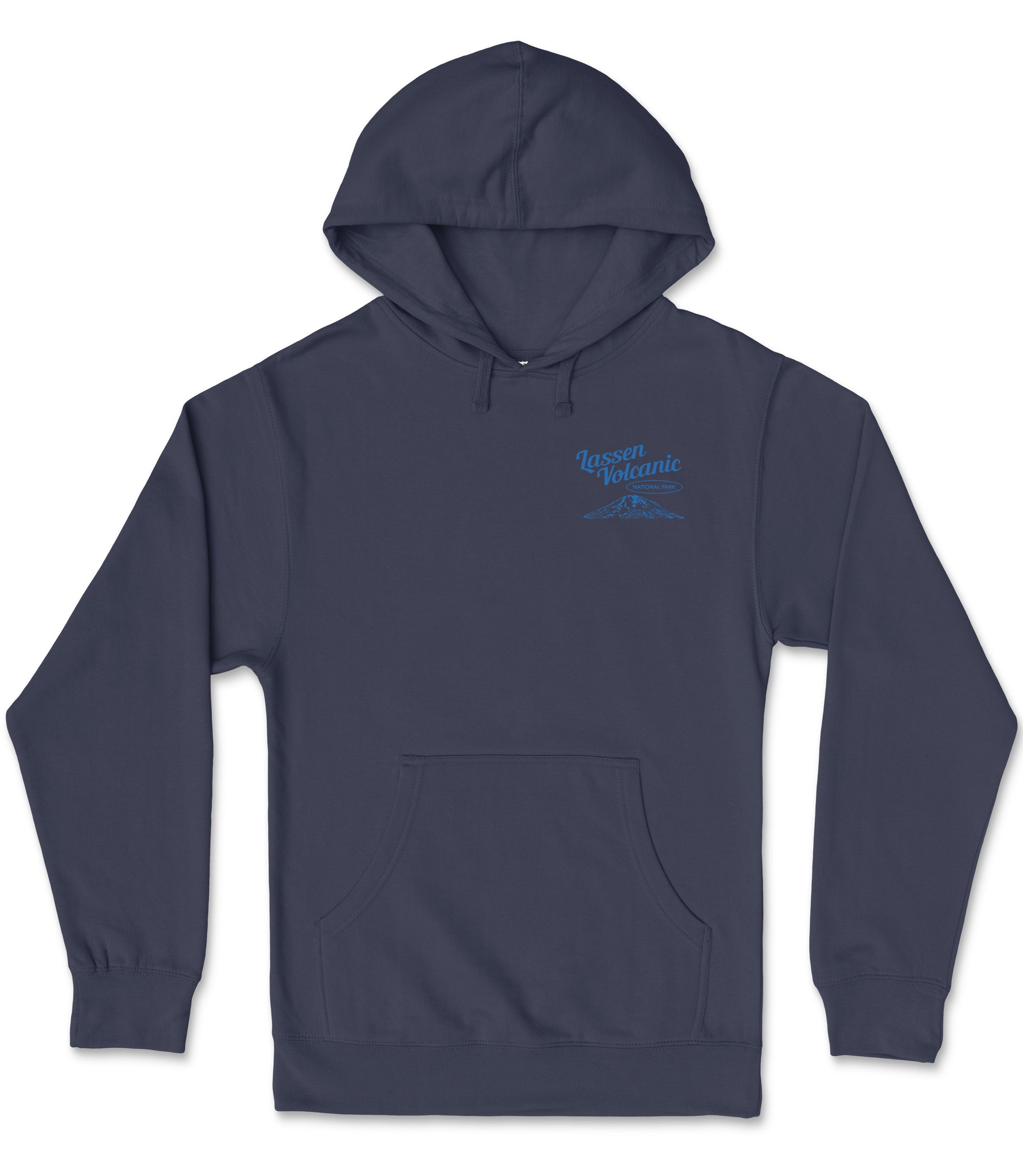 A navy blue hooded sweatshirt with a blue logo on the left side.