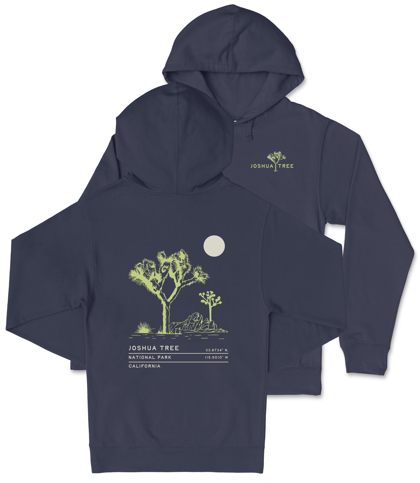 a navy blue hoodie with a graphic design depicting a desert scene, including a tree and a moon. The hoodie has a hood and a front pocket.