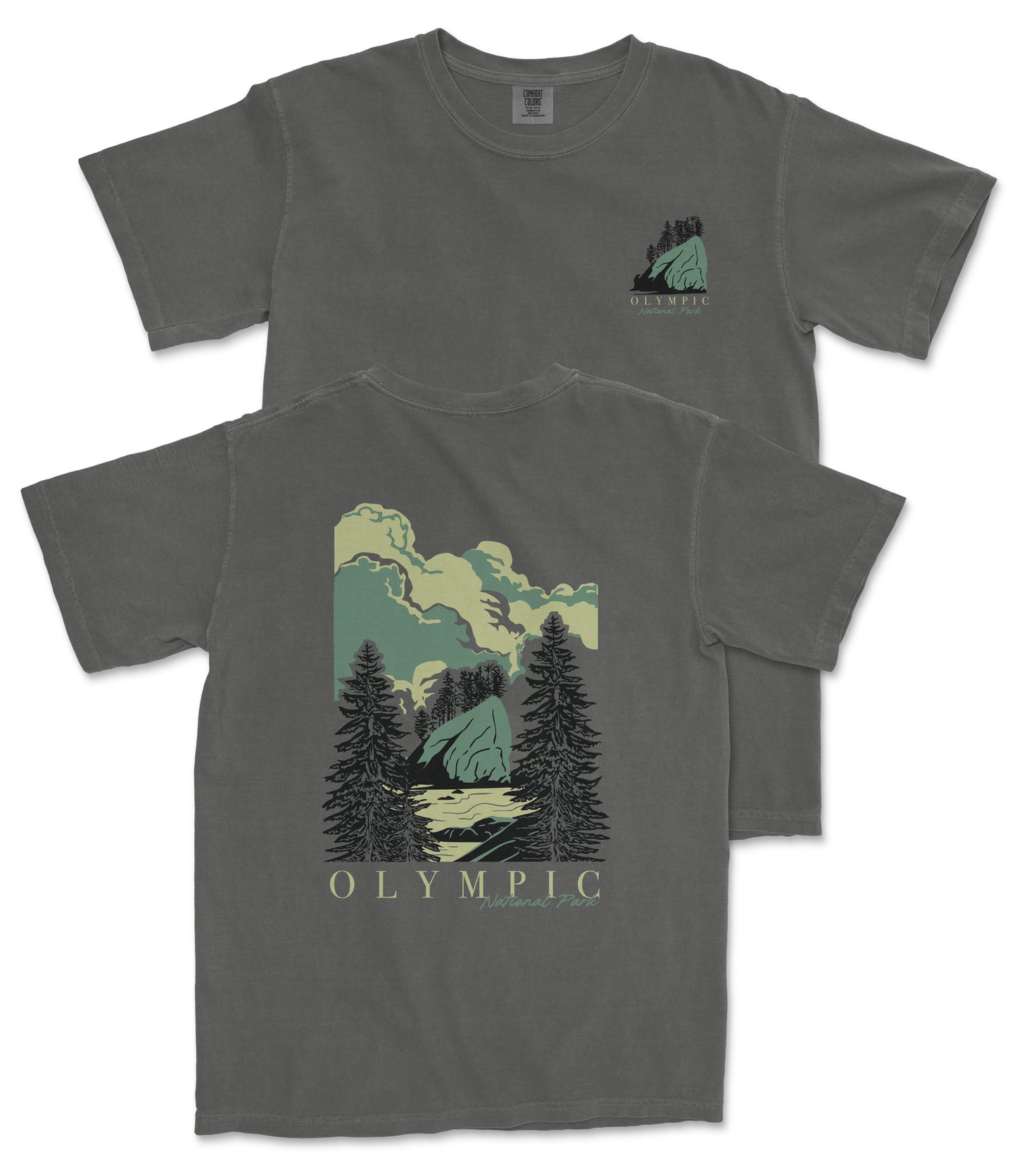 A gray t-shirt with a graphic design depicting a mountain landscape with pine trees and clouds.
