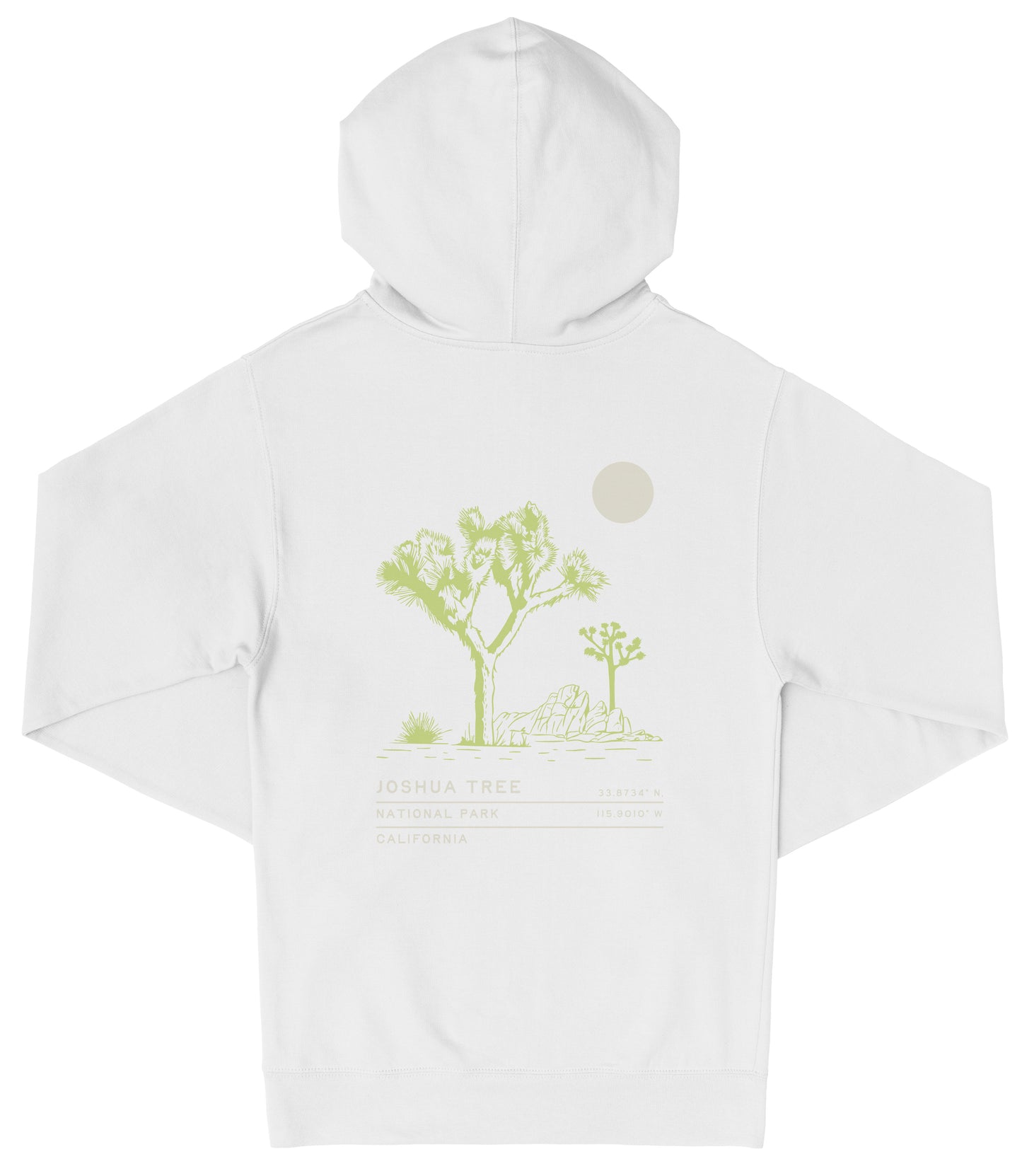 A white hooded sweatshirt with a graphic design depicting a desert landscape with a tree and a small moon.