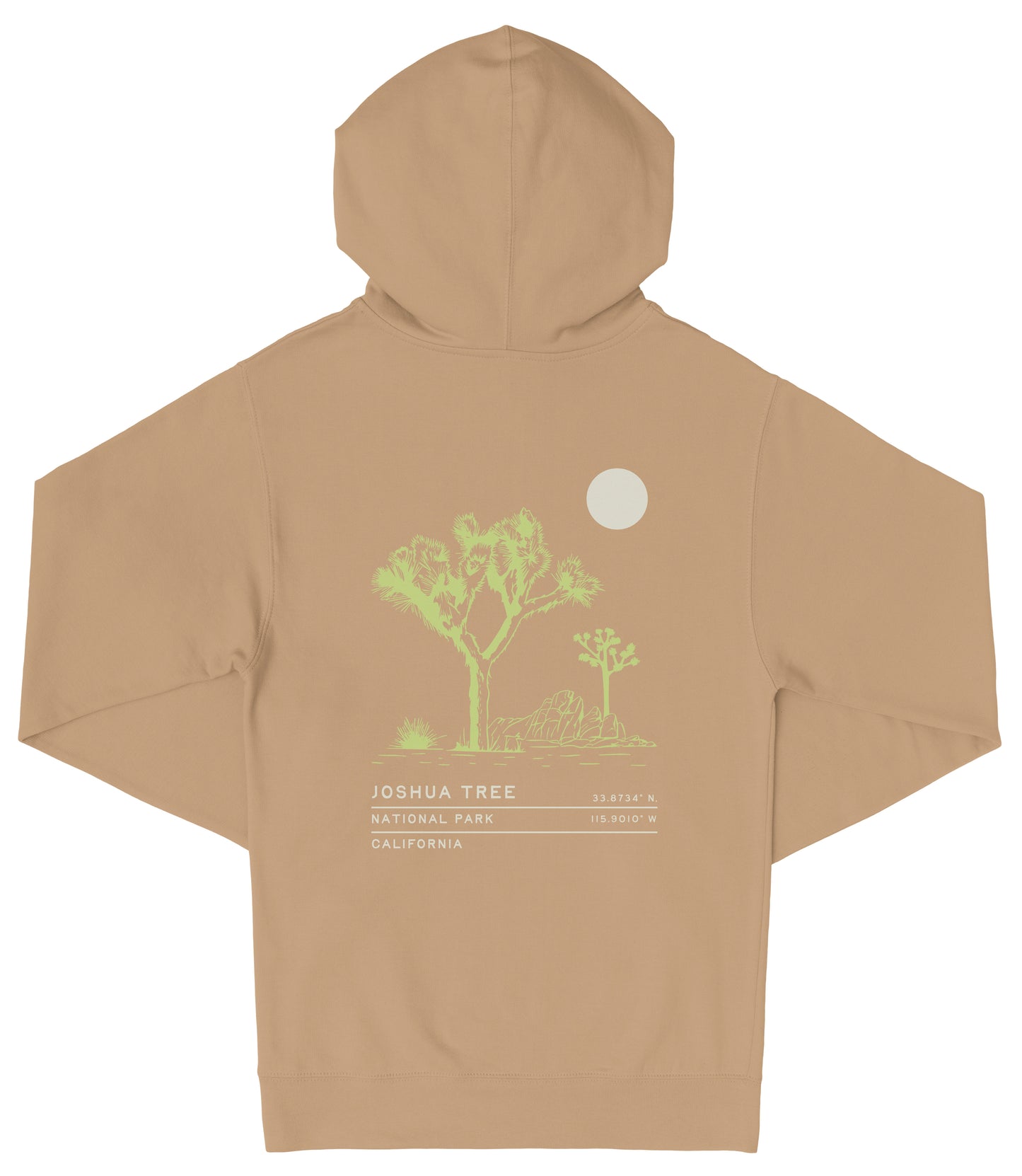 A tan hoodie with a graphic design on the back depicting a Joshua tree and a moon.