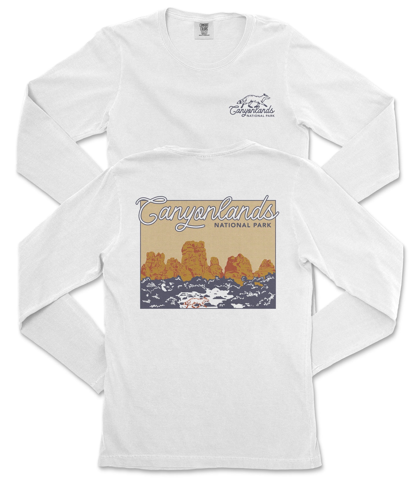 A white long-sleeved t-shirt with a graphic design depicting the iconic rock formations of the Canyons National Park.