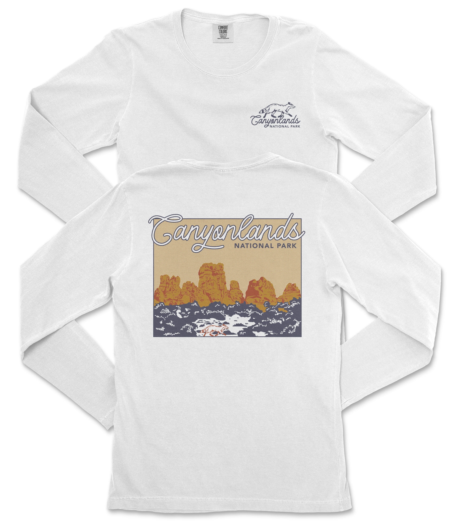 A white long-sleeved t-shirt with a graphic design depicting the iconic rock formations of the Canyons National Park.