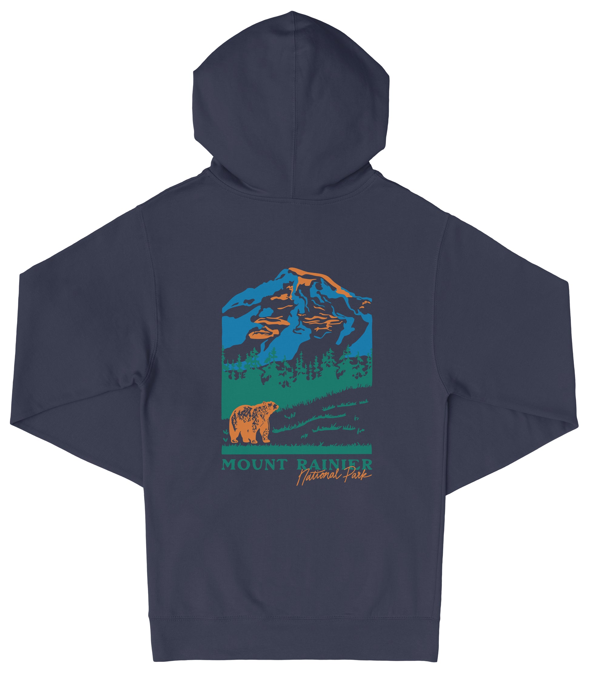 A navy blue hooded sweatshirt with a graphic design depicting a mountain landscape, including a bear and text that reads "Mount Rainier National Park".