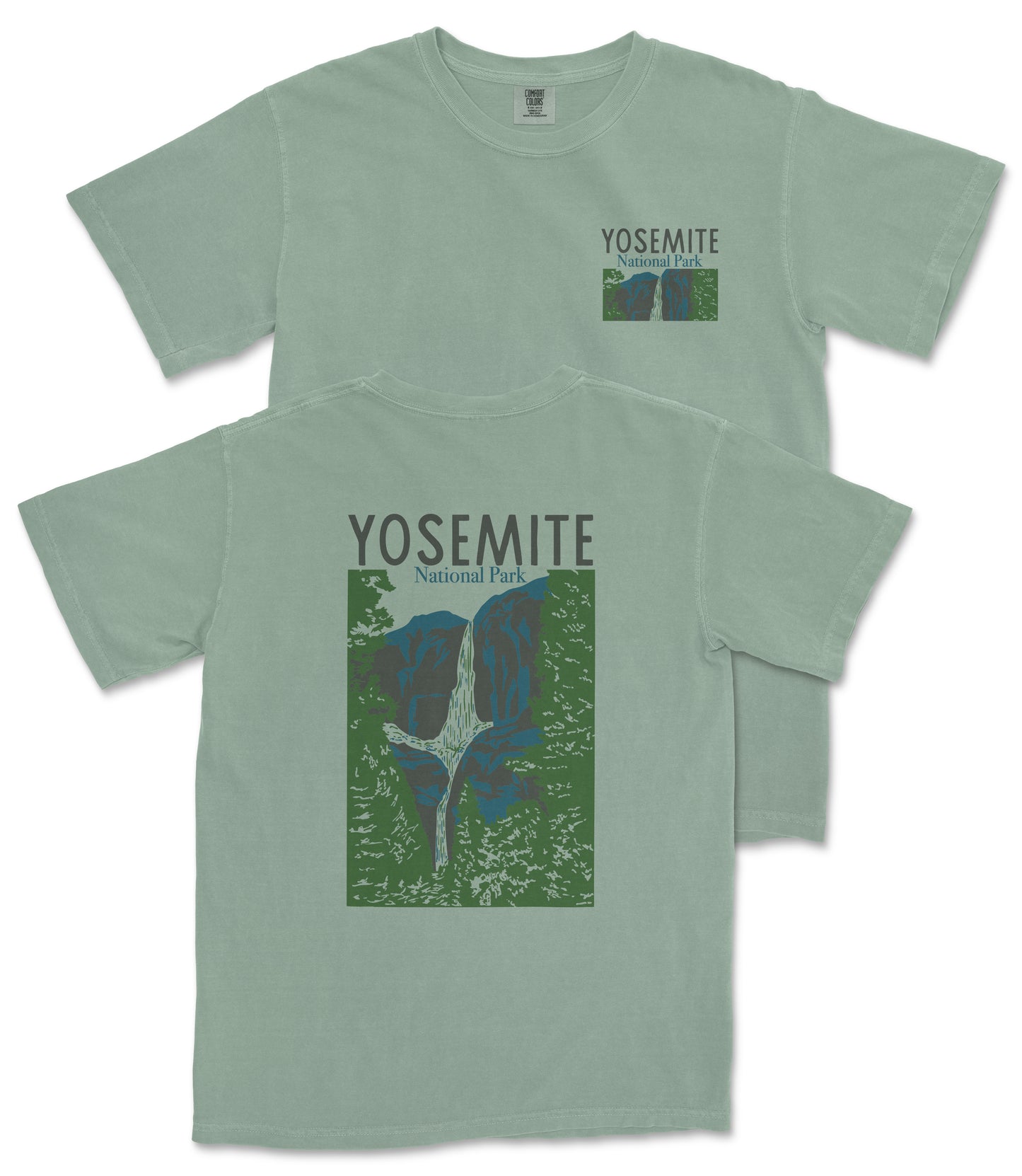A green t-shirt with a graphic design depicting a waterfall and the text "Yosemite National Park" printed on it.
