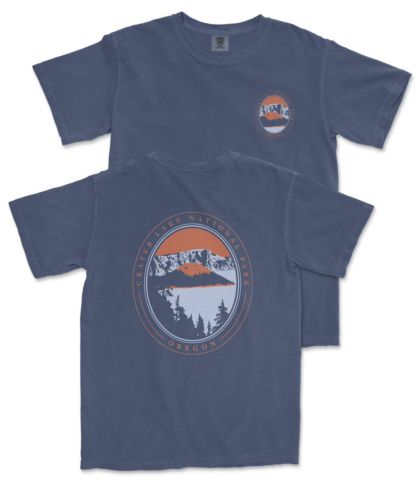 A dark blue t-shirt with a graphic design featuring a mountain landscape and the text "Crater Lake National Park, Oregon" printed on it.