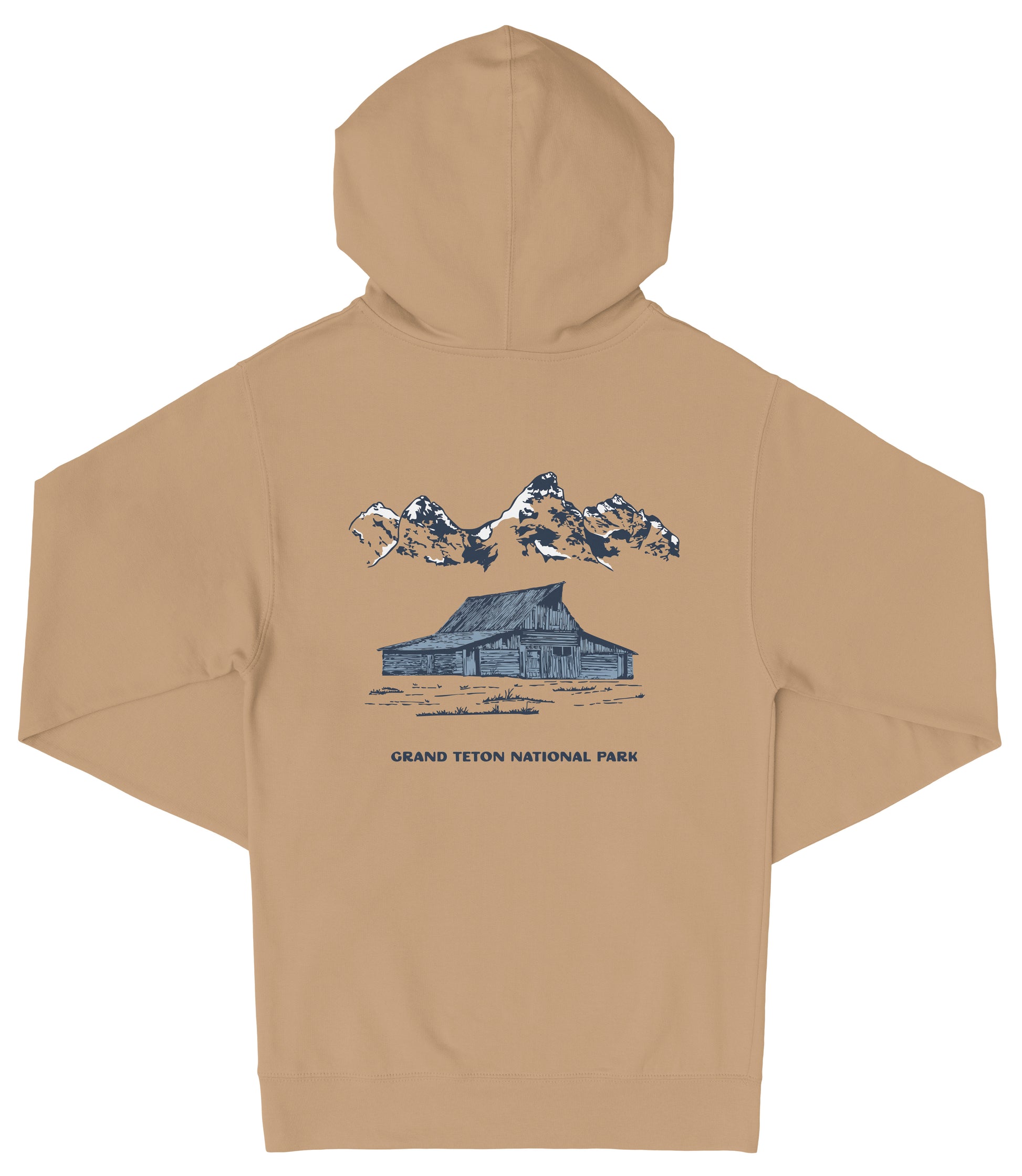 A tan hooded sweatshirt with a graphic design depicting a cabin and mountains in the background, along with the text "Grand Teton National Park".
