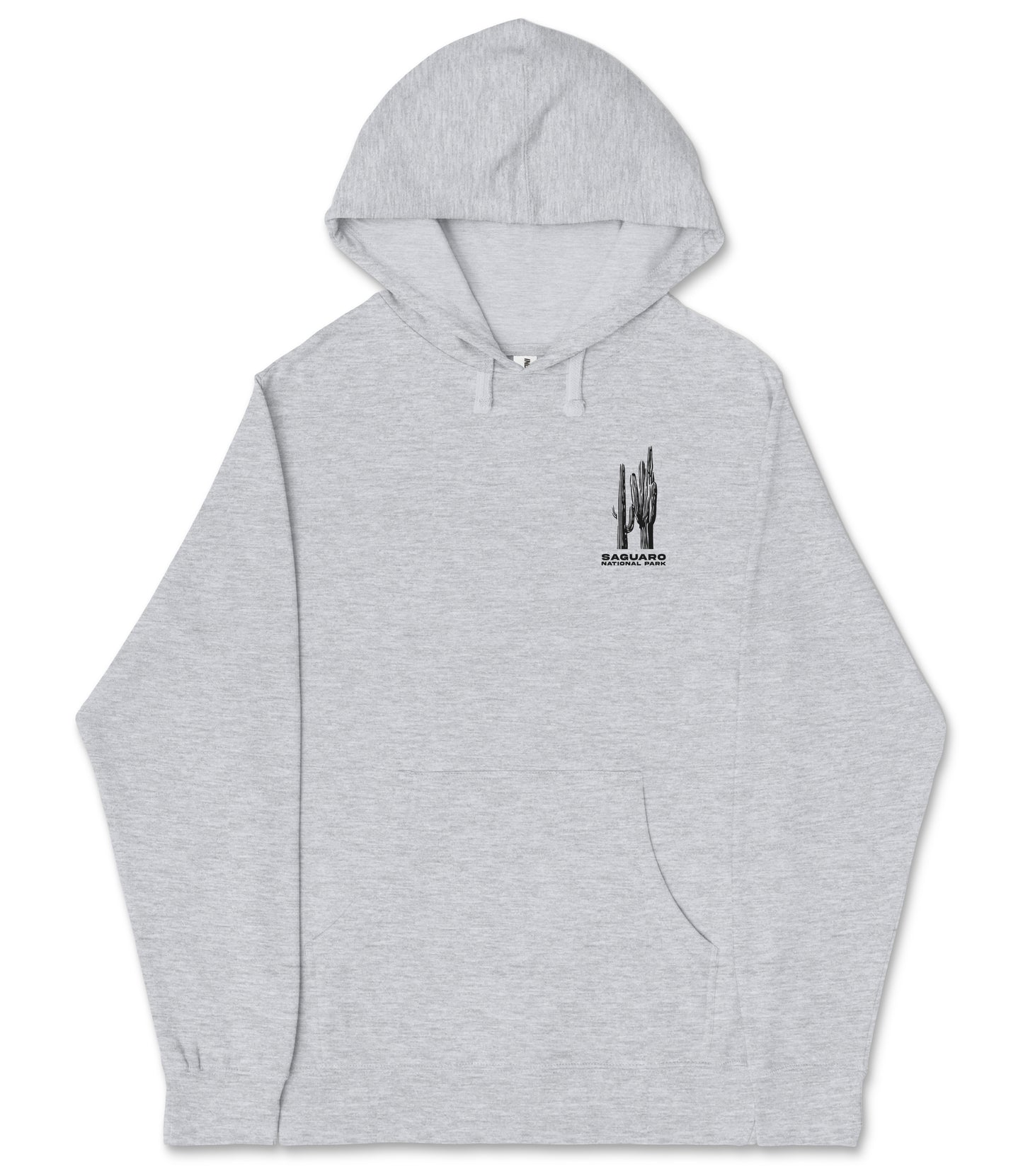 A gray hooded sweatshirt with a graphic design on the left side.