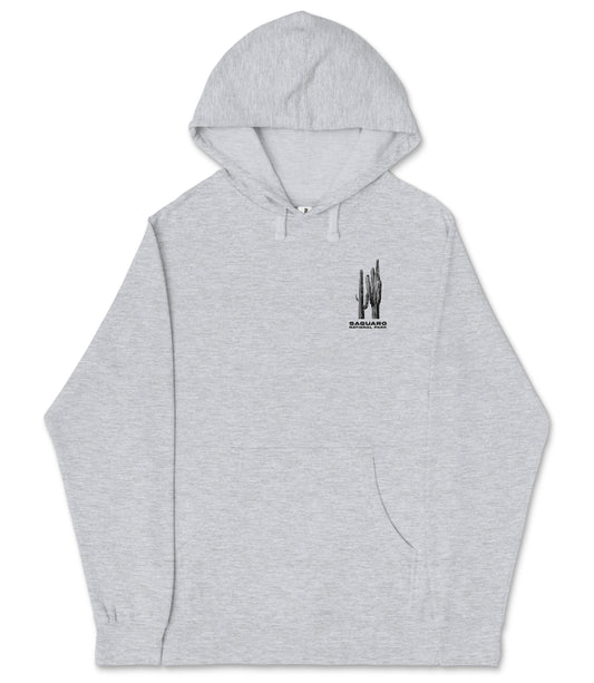 A gray hooded sweatshirt with a graphic design on the left side.
