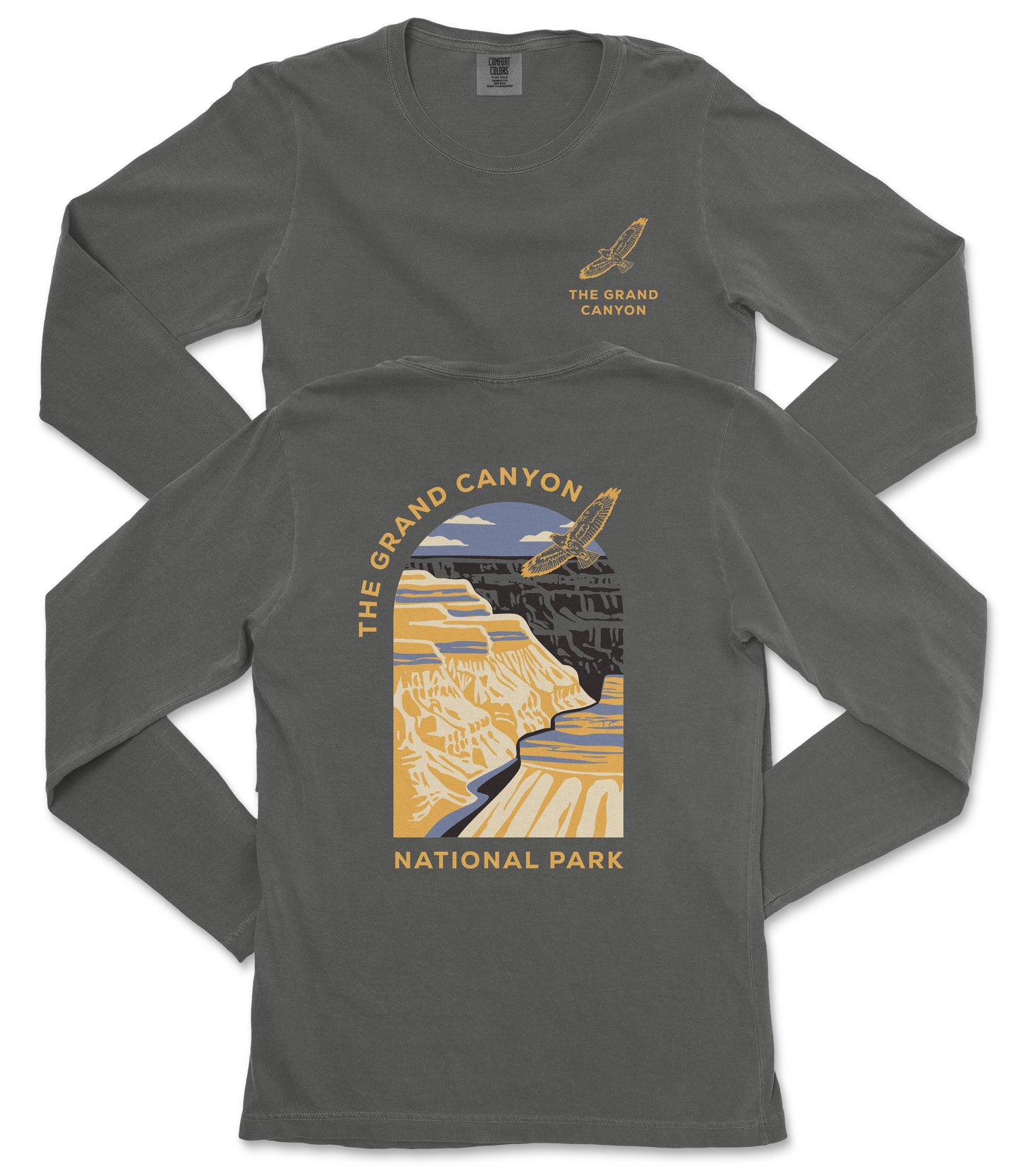 a gray long-sleeved t-shirt with a graphic design depicting the Grand Canyon.