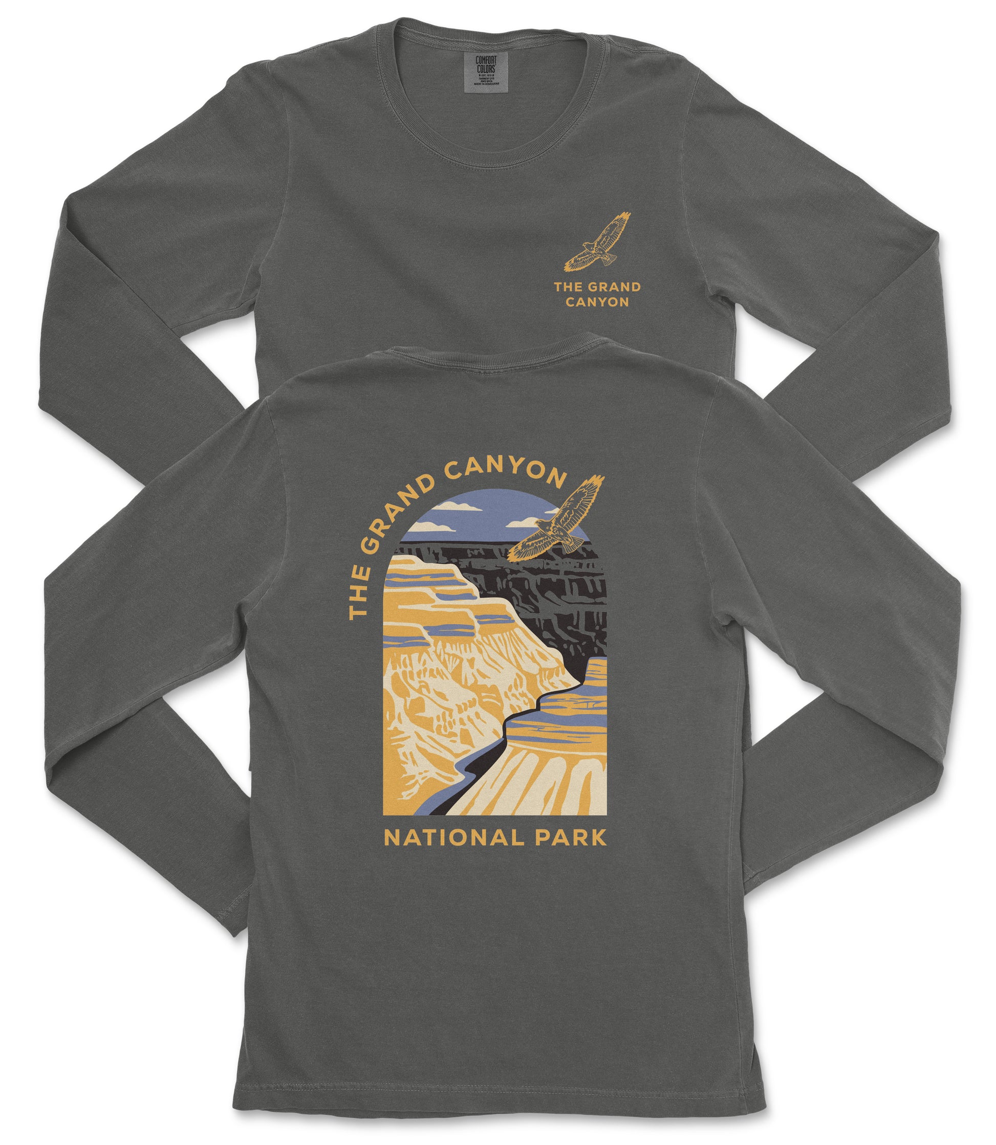 a gray long-sleeved t-shirt with a graphic design depicting the Grand Canyon.
