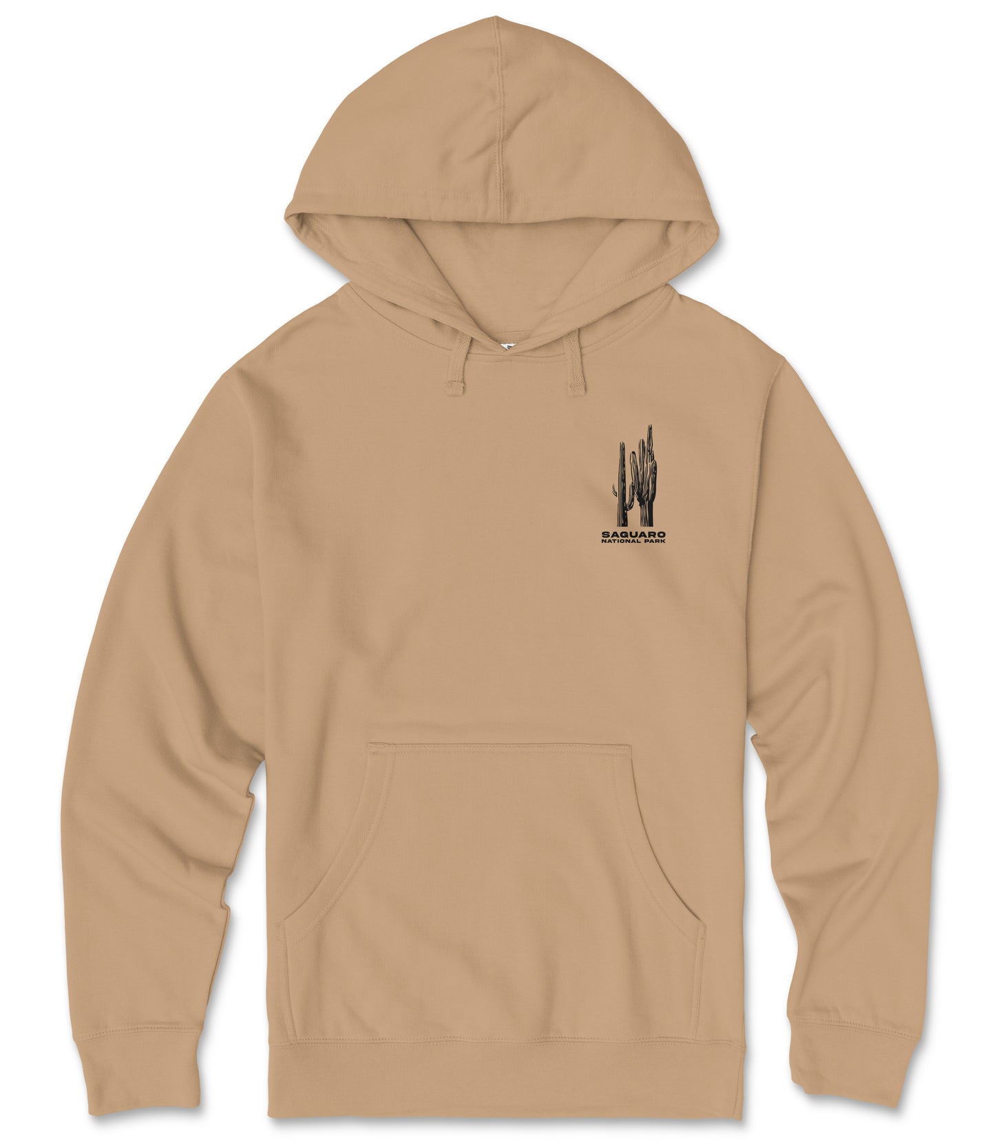 A beige hooded sweatshirt with a graphic design on the front pocket.
